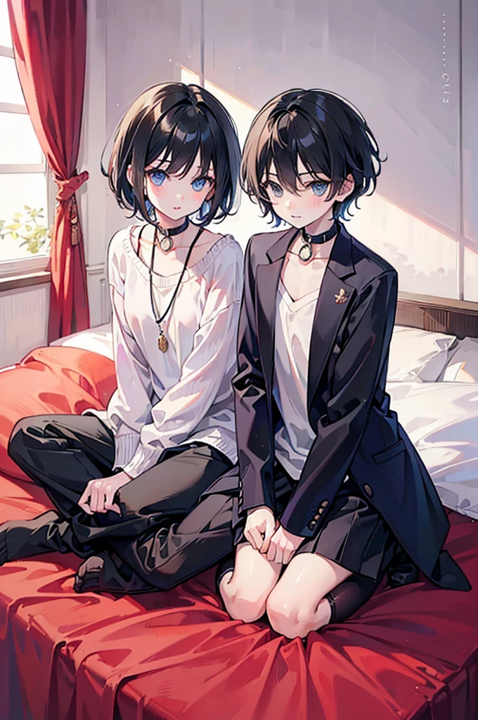 ((Older brother and younger brother)),Two boys with short hair,and sit on the bed,(nsfw:0.8),Full body picture,
