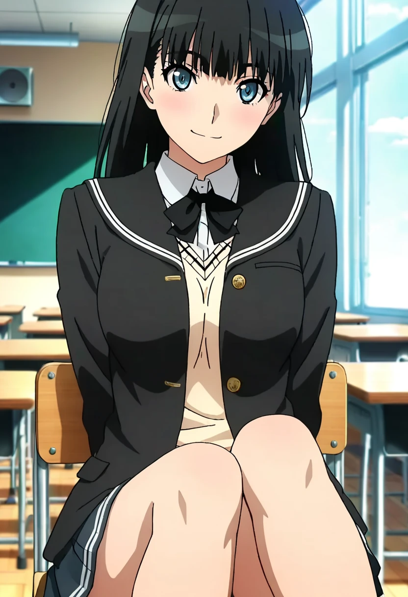 Best Quality, masutepiece, 超A high resolution, (Photorealistic: )2D official style cel anime sitting amagami Tsukasa Ayatsuji be shy a smile girl with hi-school girl uniform rooftop white line mini skirt Crouching frontage Lift the shirt Light blue lace bra Show me your light blue lace underwear garterbelts garter stocking Longhaire Straight hair knee sox lowfers teats
