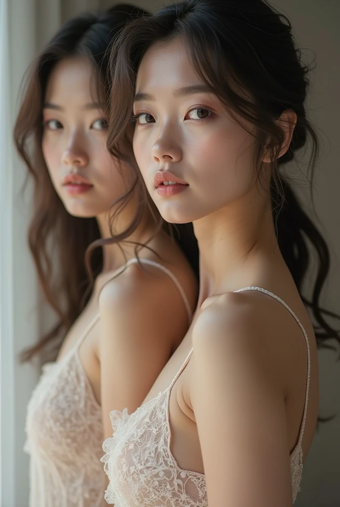 (masterpiece,Highest quality:1.4),(8k,RAW Photos,Photorealistic:1.2),Ultra-high resolution, ,(Glowing Skin:1.4),Detailed skin,Detailed face,Detailed eyes,(Beautiful and shining eyes:1.2),Symmetrical eyes,Detailed ears,Two people,Natural Makeup,(((Cute Japanese Idols))),((Tin)),(Golden ratio face),Detailed Background,Beautiful and shiny hair,18-year-old,,functional,((Average teenage breasts)),((show lesbian sex)),Taken above the waist,(Details of the latest sexy lingerie in 2024),,((Sharp Face)),Natural light,,(Very detailed ,Trend design for 2024,online shopping,LUMINE® Market,),((Saika Kawakita)),saika1,,black_hair,long_hair,,(detailed bedroom,be puffed up with pride,Location was great.),
