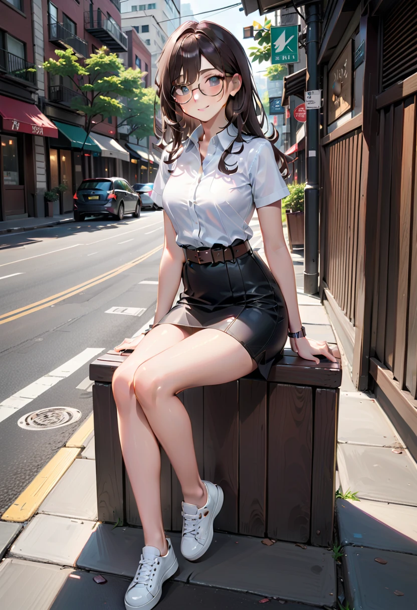 realistic anime illustration of pretty young college student woman standing at zebra crossing (wearing white shirt short sleeves, collared button up shirt, black pencil mini skirt, belt, sneakers), (1girl, solo, full body), (masterpiece, best quality)