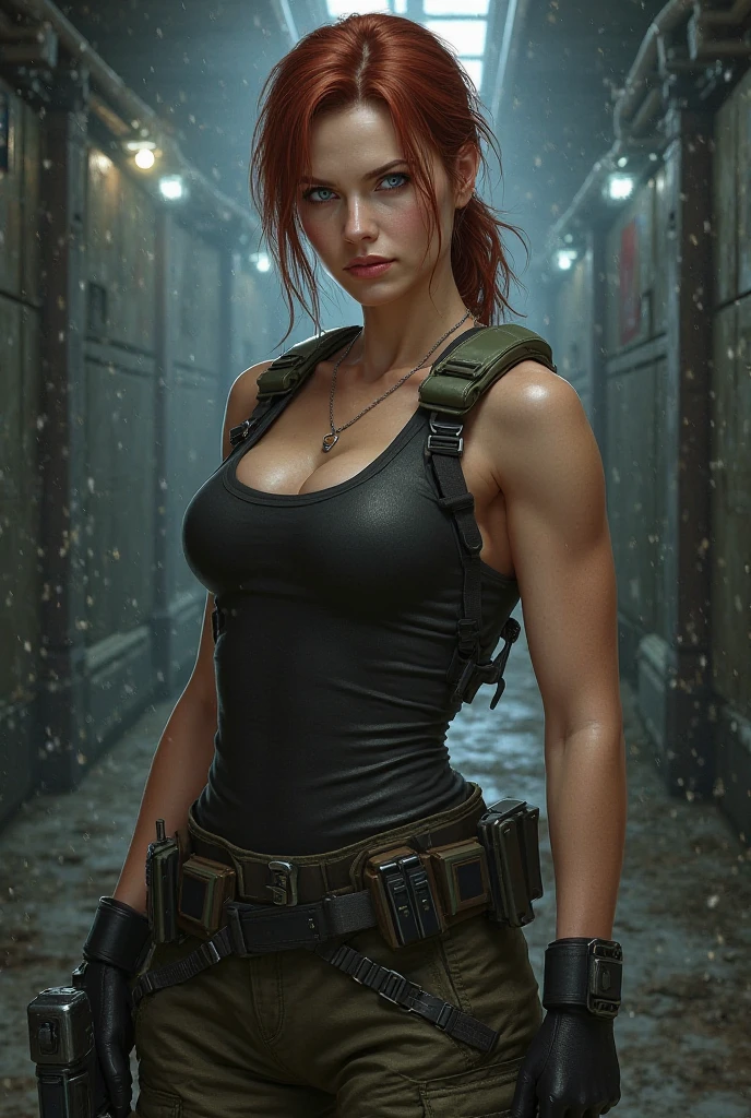 Woman with big breasts, Classic Bob Red Hair,serious look,muscled body,wearing a short tank top showing her belly, wearing gloves,gym shorts, holding a revolver,at a forest