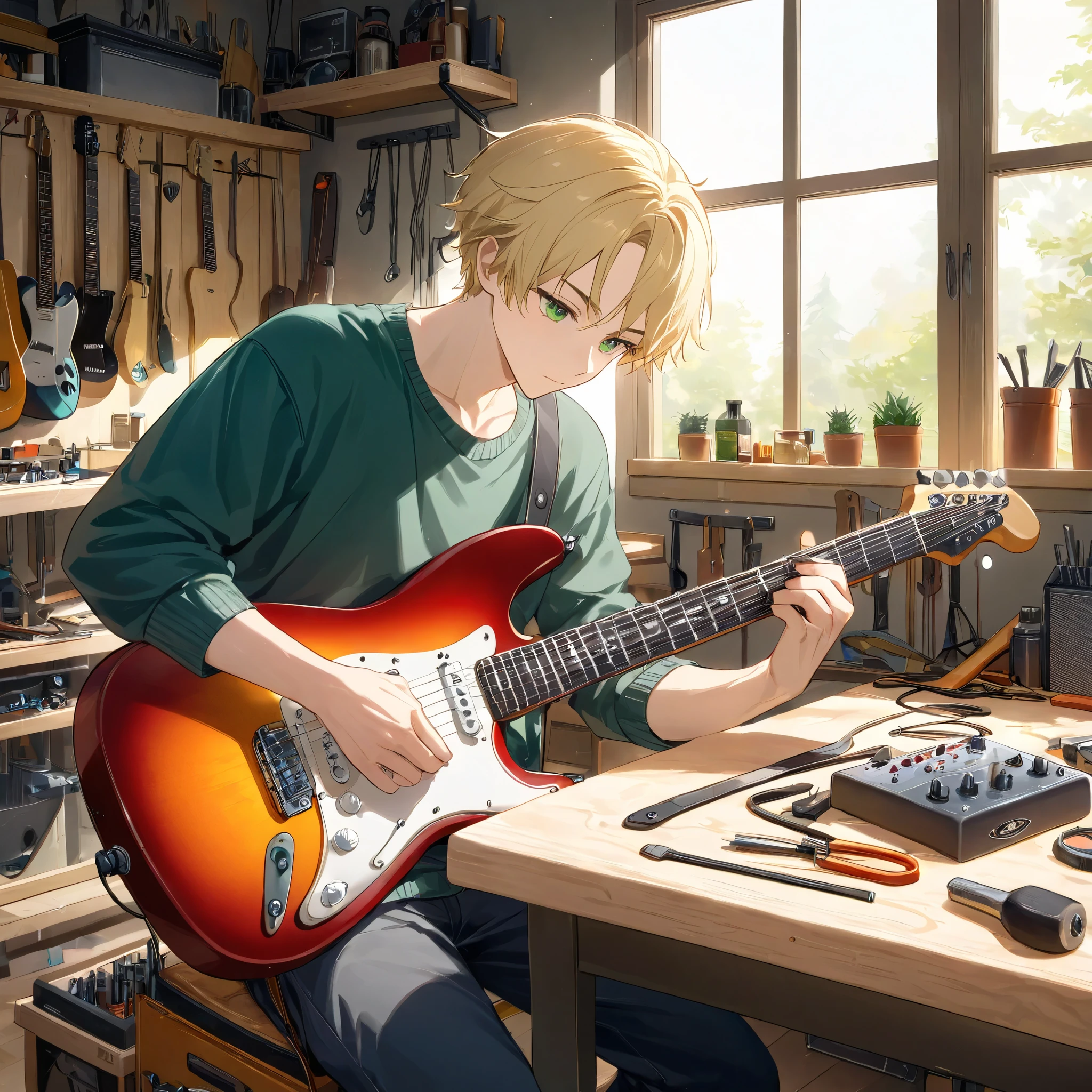 1boy, bust, cropped torso, curtained hair, blonde hair, parted bangs, green eyes, ager, work clothes, workshop, indoors, building a guitar, electric guitar on workbench,
