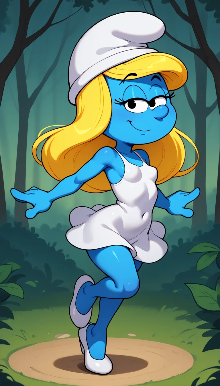 smurfette, moxette, brainy_smurf, white hat, blue skin, blonde, small breasts, looking at viewer, dynamic pose, cute, solo, forest background, sexy body, seductive face, smile, girl, white dress, small Breasts,