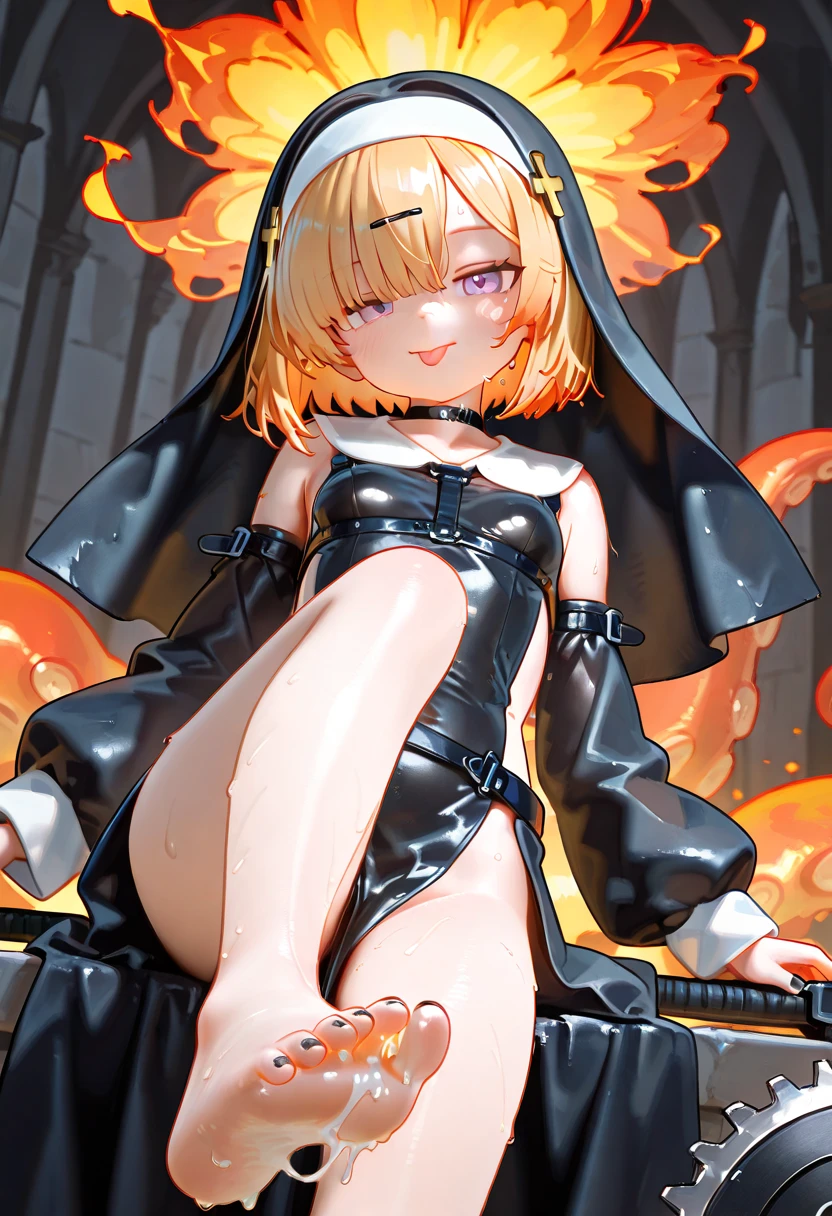 1girl, (solo), short curly hair, golden hair, small breasts, light blue eyes, small size, fair skin, perverted face, red cheeks, (fangs), (naked), full body, (very lots of cum on sex), kneeling, (night), blood moon, medieval town, forest behind, (very sexy body, detailed face, masterpiece, highly detailed, 8k, best quality, vibrant colors, digital art, concept art).