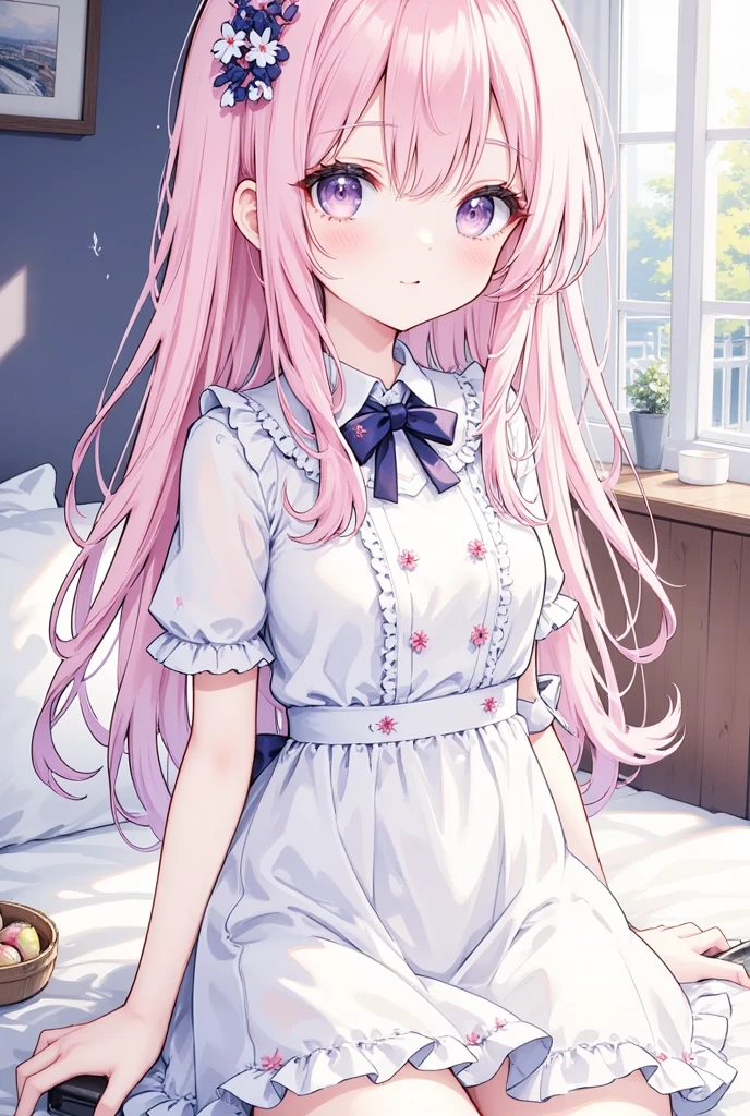 beautiful illustration、top-quality、Cute little girl s、bedroom、A pink-haired、happiness、a miniskirt、White blouses、Two-side-up、lovely thighs、glowing thigh、blue eyess、big breasts、