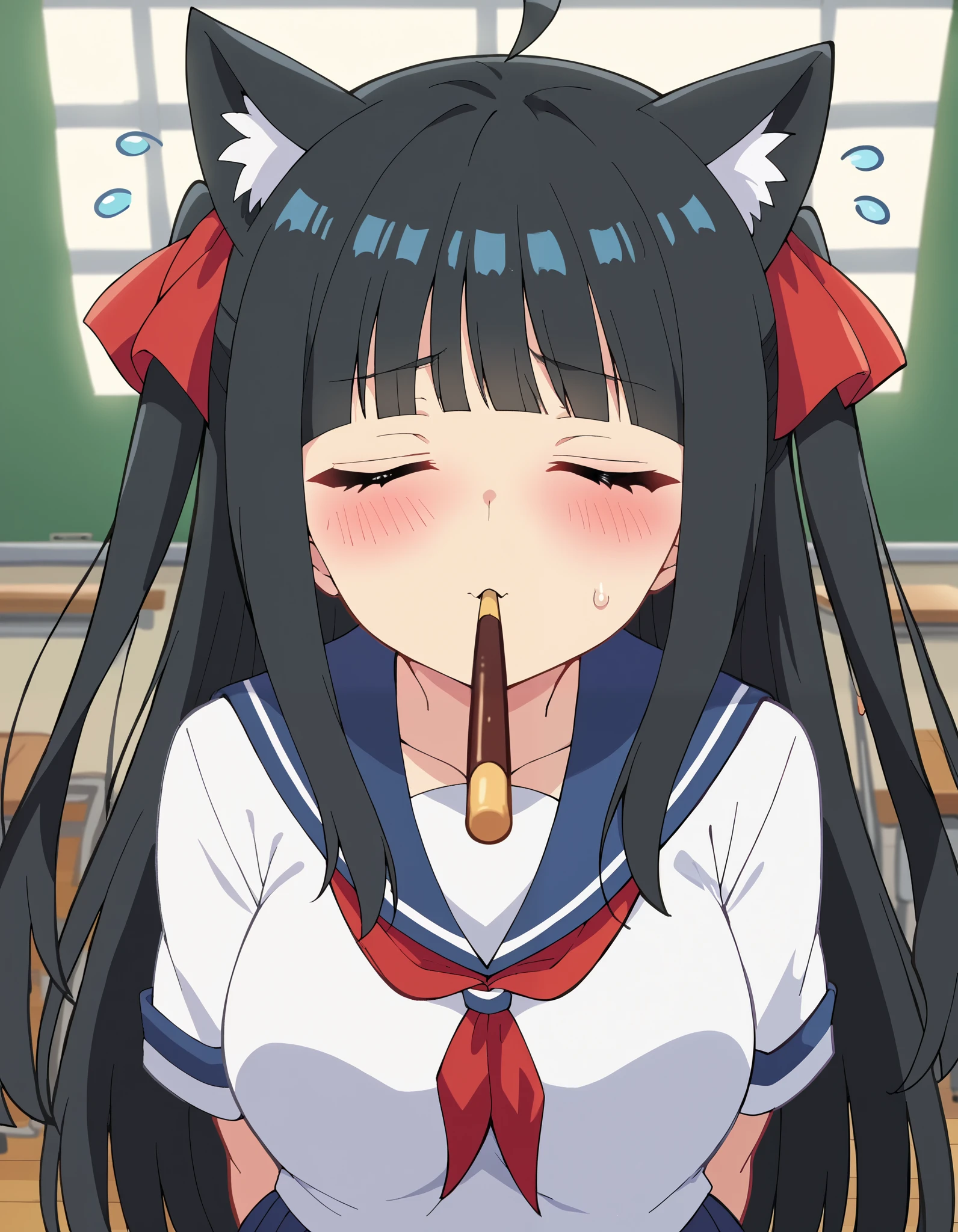 score_9, score_8_up, score_7_up, source_anime, long hair, bangs, hair ornament, hair ribbon, ,(((cat girl, cat ears)), (close eyes), (long hair), (( black hair, (Ahoge), straight bangs,)),, blunt bangs, two side up, , large breasts, anime screencap, incoming pocky kiss, looking at viewer, blush, food, mouth hold, flying sweatdrops, pocky, closed eyes, foreshortening, classroom, serafuku, school uniform, white shirt, blue sailor collar, blue skirt, pleated skirt, short sleeves, neckerchief, red neckerchief,