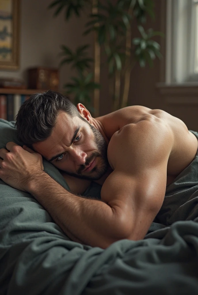 latino musculoso en ropa interior acostado en la cama con un bulto en la entrepierna de marca del pene