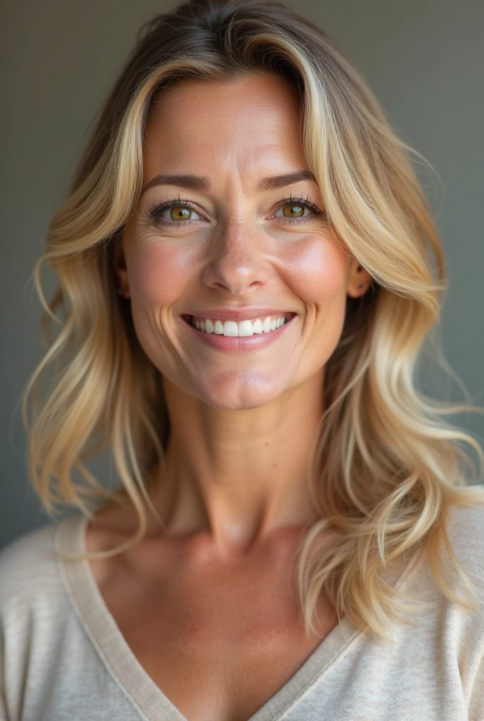 Blonde woman 50 years old with natural makeup, wearing a beige cashmere. High resolution, chef-d'artwork, best quality, intricate details, Very detailed, mise au point nette, detailed skin, texture de peau réaliste, texture, Detailed eyes, professionnel, 4k, sourire charmant, filmed on Canon, 85 millicmeters, faible profondeur de champ, Couleur Kodak Vision, corps parfaitement ajusté, extremely detailed, photographier_\(ultra\), photorealistic, Realistic, Post-traitement, maximum details, roughness, vrai vie, ultra realistic, photorealism, photographie, 8k euh, photographie