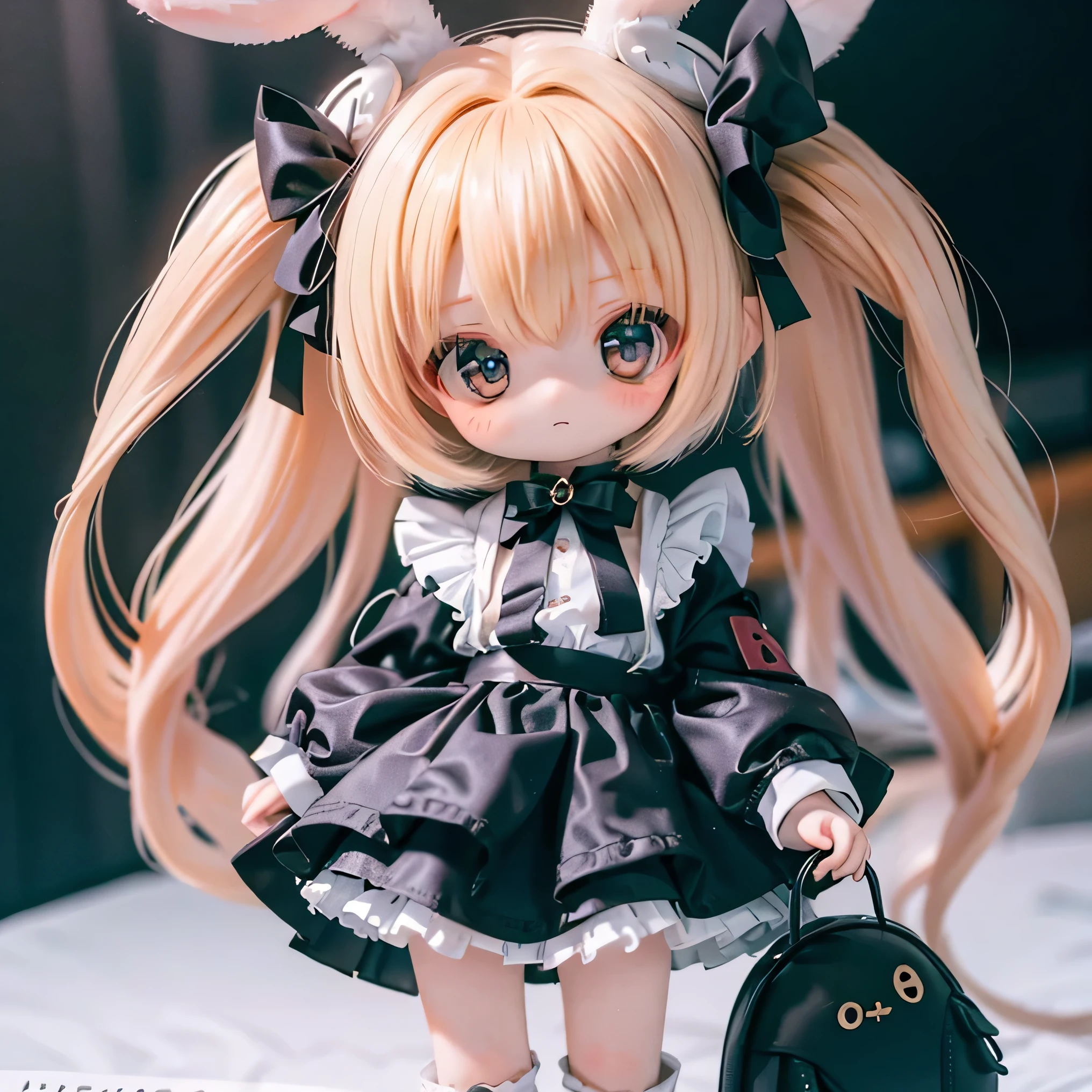 rabbit girl 、 chibi 、 young girl、 gothic ta clothes (((bow)))(((Pinch the end of the skirt and say hello)))