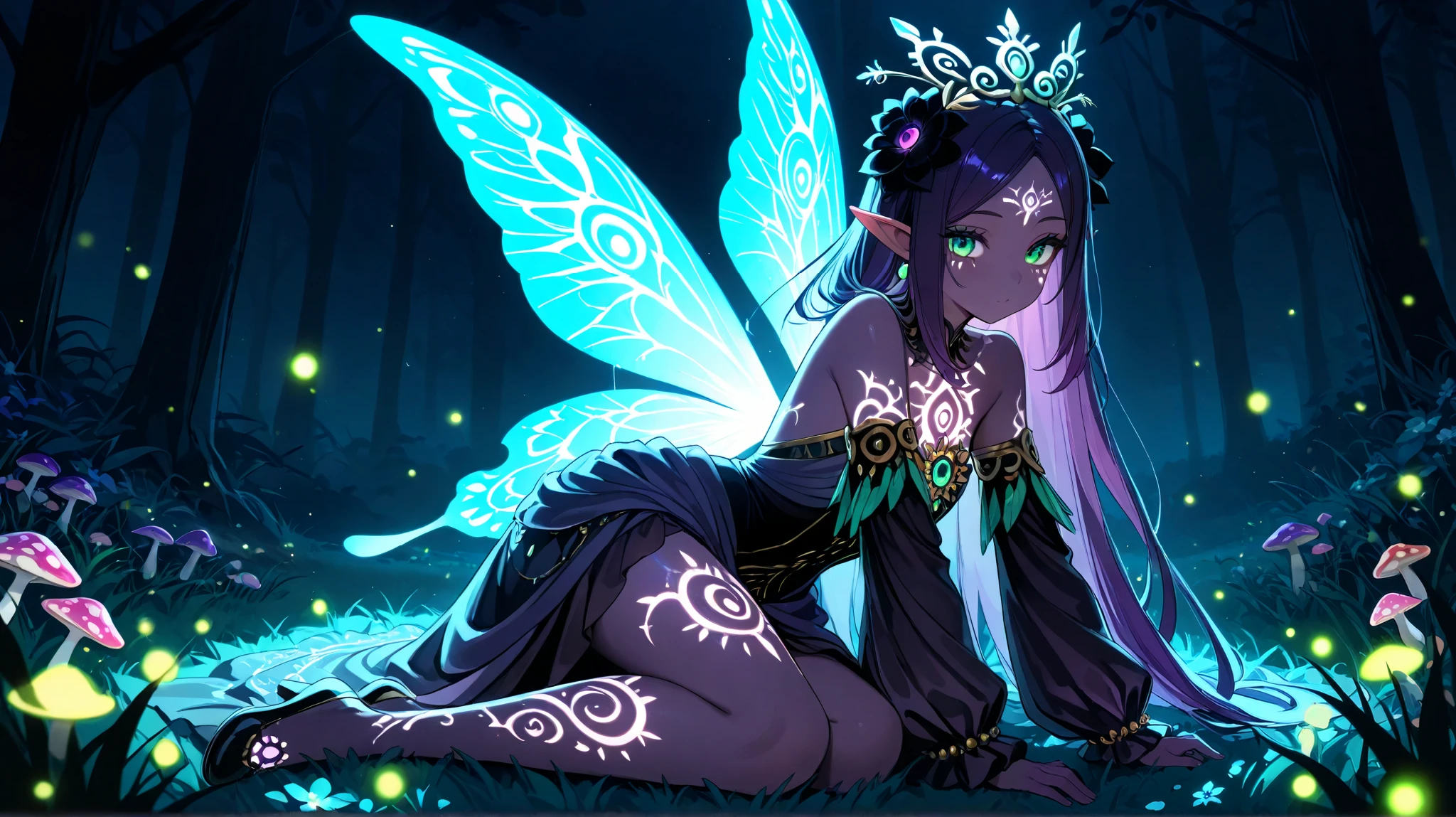 Cosmea is a dark faerie, she is a subject of the kingdom of fairies, Avalon. She lives on the edge of the Twilight Forest where it is always dusk, there are flowering trees and grass that have characteristic black and blue shades, and mushrooms and flowers have bioluminescence and are one of the few sources of light in that place, past fireflies and moonlight. Cosmea has dark purple skin with a pearl highlighter. she has luminous tattoos moon on her face arms and legs. She has long pointed ears. Cosmea has a petite asthenic physique. She has dark violet hair that is always combed back by the wind as she flies on her luminous butterfly wings all the time. She is dressed in a black floral mini dress woven from cobwebs and petals of black flowers.