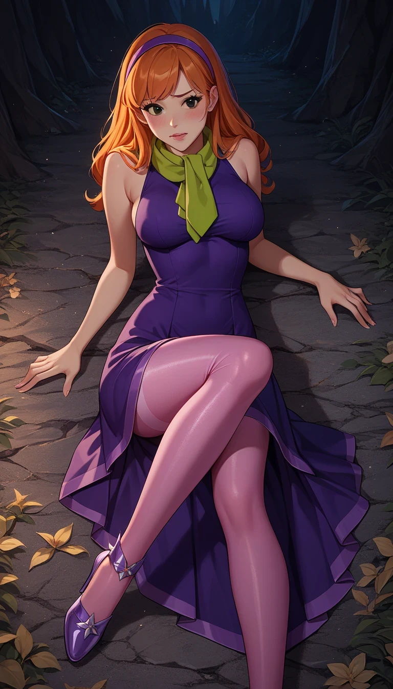 Score_9, Score_8_up, Score_7_up, Score_6_up, Score_5_up, Score_4_up, Source_anime, Tag1, Tag2, Quality_masterpiece, Anatomically correct, detailed skin, 1girl, detailed face,
young girl, skinny body, large breasts, EPsbdDaphne,orange hair, long hair, black eyes,purple hairband, green scarf,pink pantyhose, purple dress, high heels, purple footwear, makeup,
Sensual girl, Seductive, Glamor, seductive BREAK, embarrassed, close shot,
cave background, skinny body, thighs, lying down,