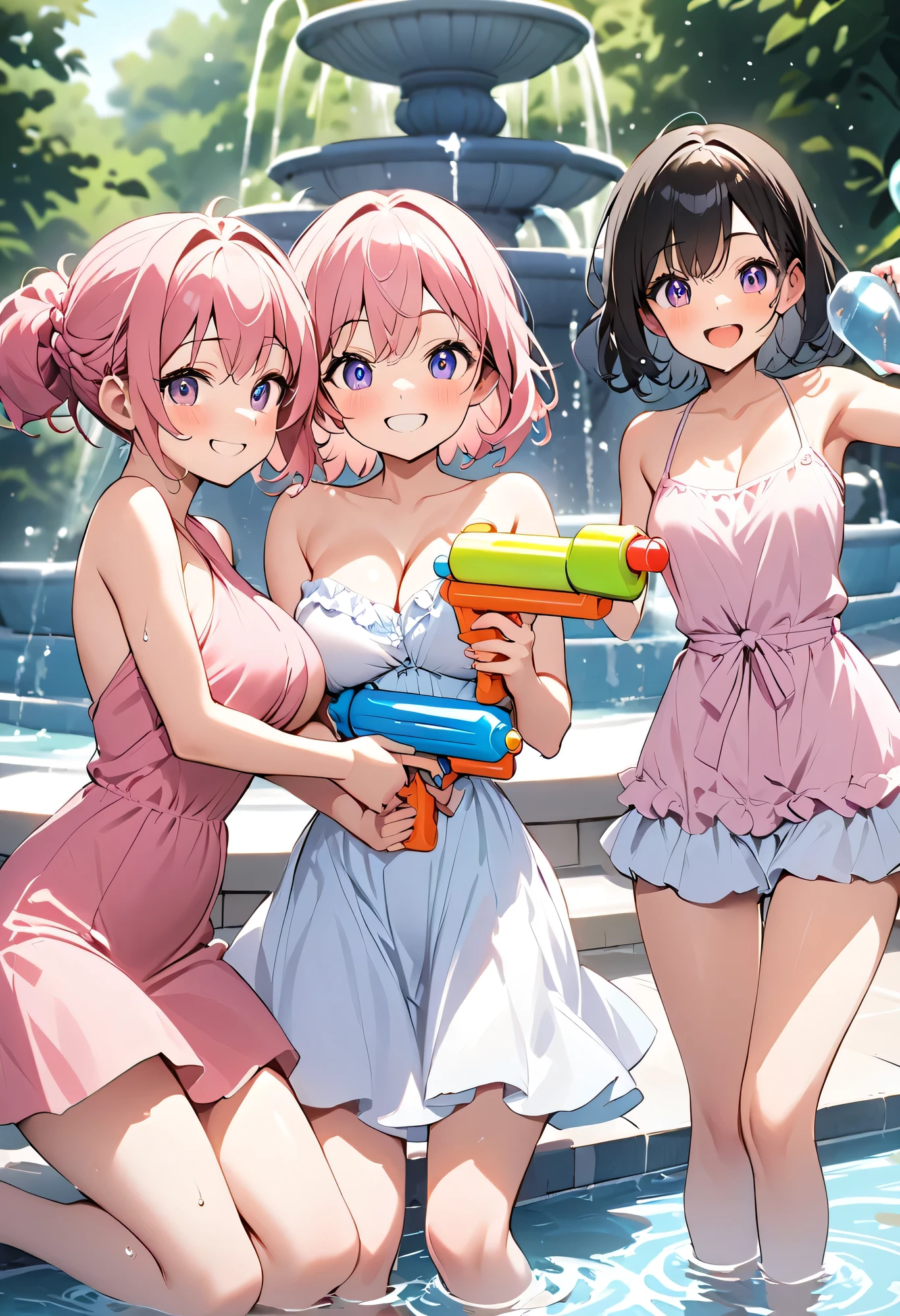 Highest quality、High Resolution、(high image quality:1.4)、masterpiece、detailed background、highly detailed face、detailed eyes、age beauty、 huge breasts、Normal number of fingers、anatomically correct、perfect body line、Bright-colored hair、ponytail、 braided bob cut 、A sparkling summer scene、A park fountain where the summer sun shines、 big smile 、fun atmosphere、
(3 energetic girls holding water guns in their hands and smiling:1.5)、
(3 girls frolic innocently while bathing in the fountain water without worrying about their hair and clothes:1.5)、
Fight back while dodging with one hairdo、pop the water balloon and spread cold water over clothes、hide behind the fountain、everyone got soaked and laughed a lot due to a surprise attack from behind、pink dress and shorts、denim show pan、lavender-colored frill blouse and white skirt、cute