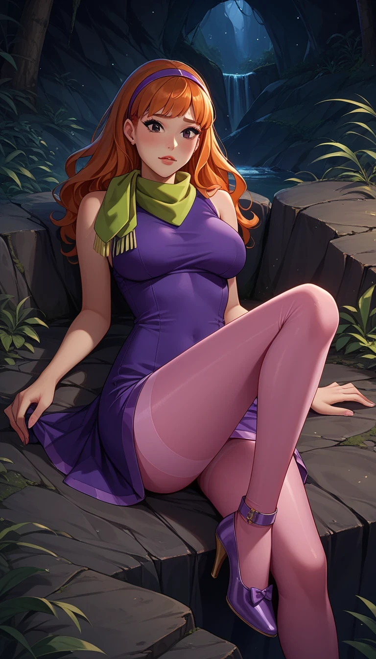 Score_9, Score_8_up, Score_7_up, Score_6_up, Score_5_up, Score_4_up, Source_anime, Tag1, Tag2, Quality_masterpiece, Anatomically correct, detailed skin, 1girl, detailed face,
young girl, skinny body, large breasts, EPsbdDaphne,orange hair, long hair, black eyes,purple hairband, green scarf,pink pantyhose, purple dress, high heels, purple footwear, makeup,
Sensual girl, Seductive, Glamor, seductive BREAK, embarrassed, close shot,
cave background, skinny body, thighs, lying down,