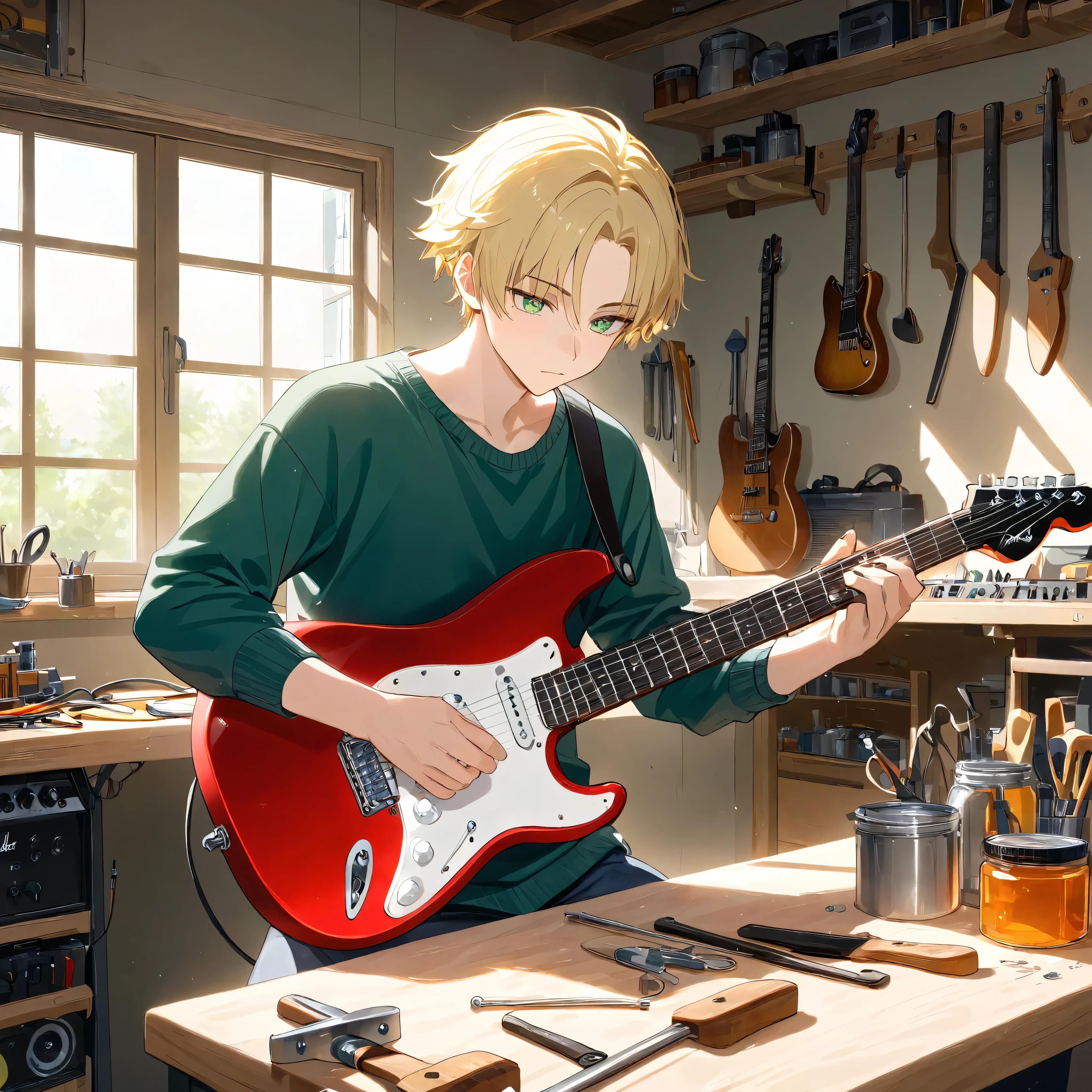 1boy, bust, cropped torso, curtained hair, blonde hair, parted bangs, green eyes, ager, work clothes, workshop, indoors, building a guitar, electric guitar on workbench,