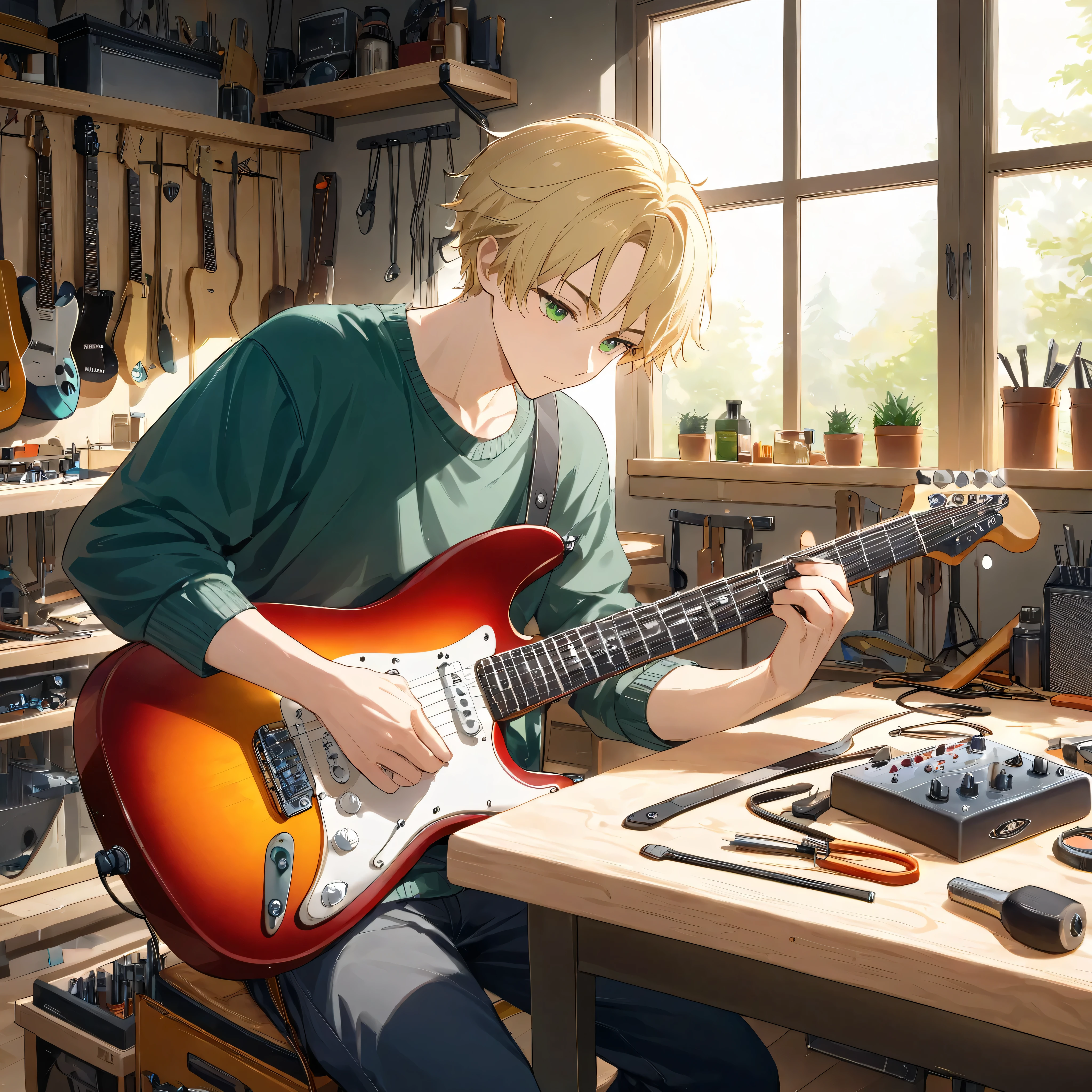 1boy, bust, cropped torso, curtained hair, blonde hair, parted bangs, green eyes, ager, work clothes, workshop, indoors, building a guitar, electric guitar on workbench,