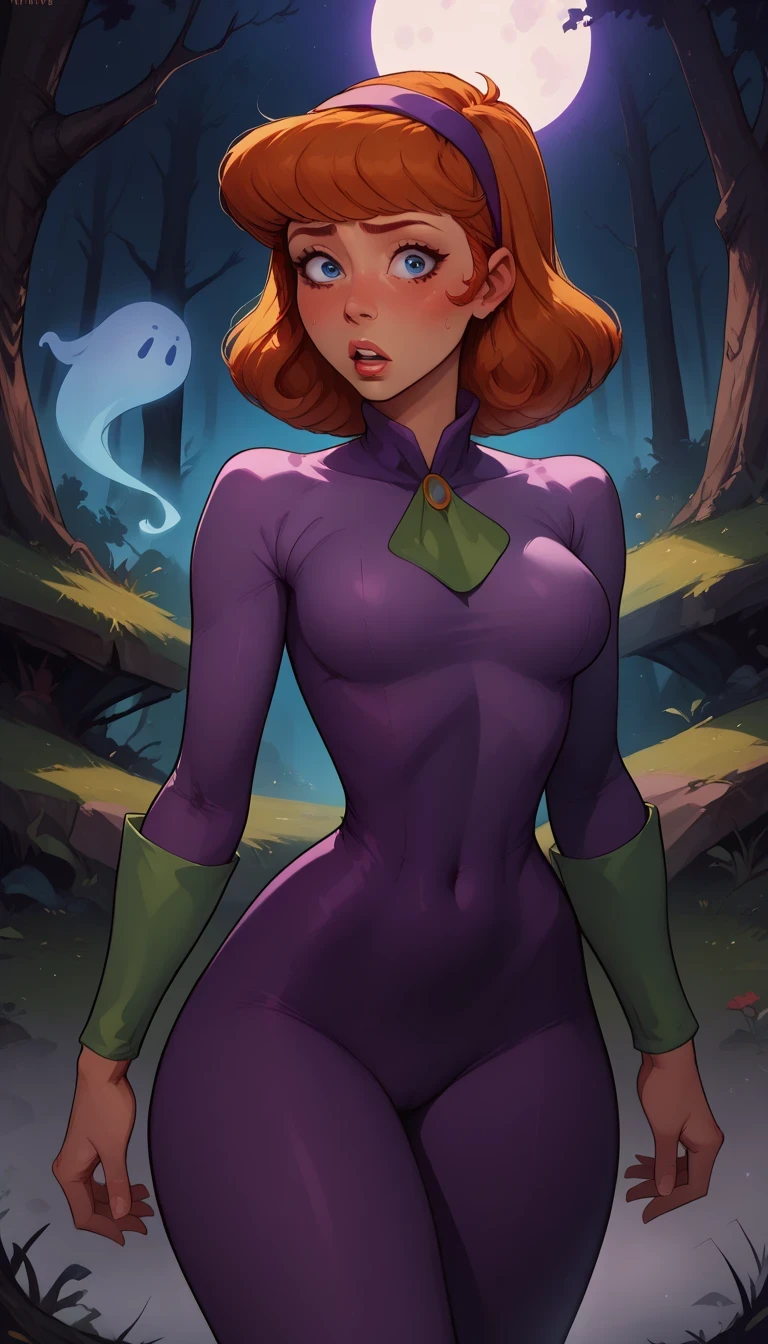 (best quality, highres), 1girl, breasts, nude, solo, hairband, daphne_blake, blue_eyes, large_breasts, ghosts, monsters, eyes, unitard, skin_tight, shiny_clothes, seamless, looking_at_viewer, outdoors, forest, lips, night, long_hair, orange_hair, thick_thighs, medium_hair, standing, blush, curvy, purple_hairband, wide_hips, scared
