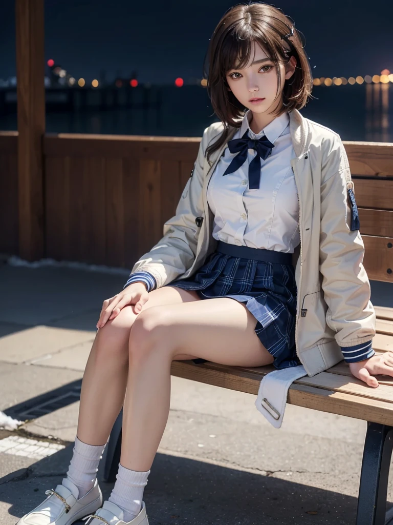 (A beautiful and detailed portrait of a 20-year-old Chinese woman, with a symmetrical and emaciated face, perfectly proportioned features, and ultra-clear, realistic skin texture. She has a youthful, gorgeous appearance with a short bob haircut, cute snaggle-tooth, and kind smile. The woman is wearing a wet sailor school uniform with a pleated mini-skirt, red ribbon, and knee-high socks, sitting or squatting with legs closed on a city street at night. The scene is illuminated by natural, soft lighting, creating a bokeh background effect. The image is captured in ultra-high definition, with vivid colors, sharp focus, and exceptional attention to detail, showcasing the woman's beautiful eyes, long legs, and ample, round bosom. Overall, the portrait has a princess-like, sexy, and high-quality photorealistic aesthetic. Safe for work, SFW,)