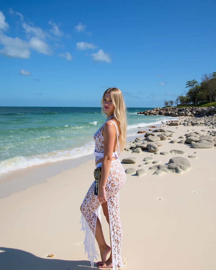 solo, realistic, photorealistic, natural lighting, (large forehead, (((Latvian woman))), (((Latvian nose))), (((Latvian eyes))), (((blonde))), (((braids))), (((Latvian face))), (((Latvian lips))), (((Latvian body))), (((fair complexion))) pose: standing, smiling, wearingMesh Overlay Dress, cleavage, background: Stretching along a pristine stretch of sandy coastline, the Beachfront Music Festival epitomizes the carefree spirit of summer with a lineup of surf rock, reggae, and indie bands. Stages are strategically positioned against a backdrop of crashing waves and panoramic ocean views, while palm trees sway gently in the sea breeze. Attendees lounge on beach towels or sway barefoot in the sand, soaking up the sun and grooving to laid-back tunes that evoke a sense of relaxation and seaside bliss. Food trucks offer seafood delicacies and tropical cocktails, enhancing the festival's beach party vibe and creating a memorable fusion of music, sun, and surf.