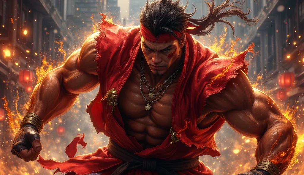 Ryu, the iconic Street Fighter character, engages in fierce battle at the heart of war. His body is dynamically rendered with intricate anime detailing, adorned with glowing golden runes that pulsate with a black and blue aura, radiating powerful energy. The CarnageStyle modification intensifies the image with bold, expressive brushstrokes, resulting in a vivid, blood-red canvas. Plumes of jet-black smoke billow from his body as the epic action pose showcases his muscular form and determination. With the lighting adding a cinematic flair, this dynamic image captures the raw intensity of Ryu's unyielding spirit during the height of battle.
