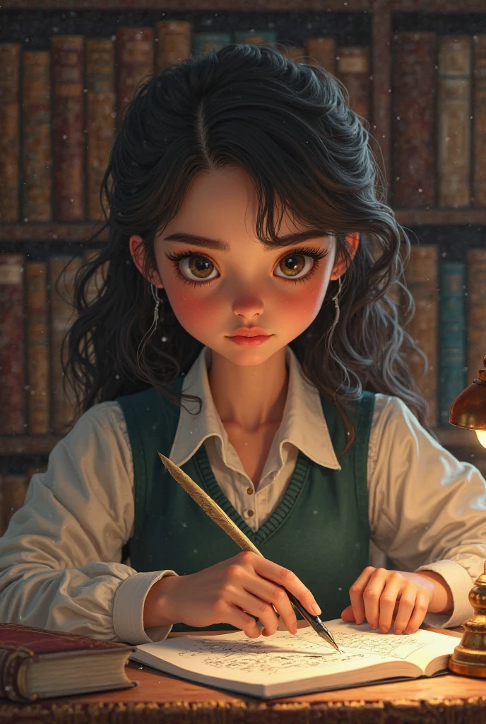 Create a magical illustration that represents the moment when Ana, a protagonista, descobre o livro dourado na biblioteca de Palavrinha. O livro repousa sobre uma antiga mesa de madeira, Your pages are open and emit a soft, sparkling glow. Ao lado da mesa, Ana stands still with an expression of surprise and admiration. Her eyes sparkle with curiosity as she reaches out to gently touch the pages. Um raio de luz dourada envolve Ana, transporting her into the story that unfolds from the pages. Characters from the tales emerge from the pages, ganhando vida diante dela. Certifique-se de destacar os detalhes das roupas dos personagens, as well as Hannah's expressions of wonder, capturing the magical and exciting feel of this moment, estilo disney