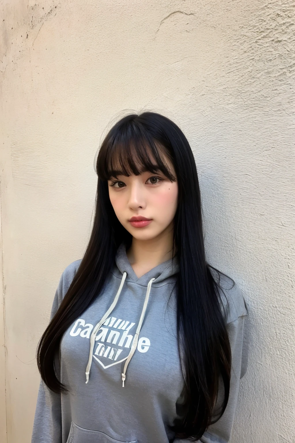Highest quality, beautiful woman under hoodie , 28 years old , S, 35mm Lens, debt/1, cowboy shooting , concrete background with rough eyeliner、Tile Background、light overcoat,top coat,from below、 straight hair 、 straight hair 、 shiny hair, silky hair、Thick bangs、 heavy bang、 blunt bang、 full body photo