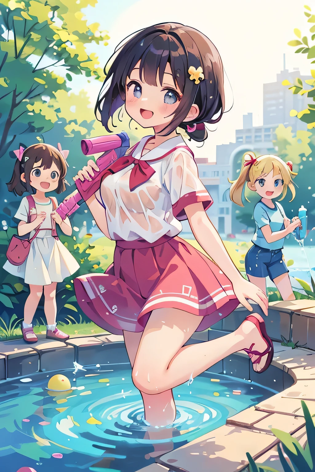 Highest quality、High Resolution、(high image quality:1.4)、masterpiece、detailed background、highly detailed face、detailed eyes、age beauty、 huge breasts、Normal number of fingers、anatomically correct、perfect body line、Bright-colored hair、ponytail、 braided bob cut 、A sparkling summer scene、A park fountain where the summer sun shines、 big smile 、fun atmosphere、

(3 energetic girls holding water guns in their hands and smiling:1.5)、(My hair and clothes are all wet:1.4)、
(3 girls frolic innocently while bathing in the fountain water without worrying about their hair and clothes:1.5)、
Fight back while dodging with one hairdo、pop the water balloon and spread cold water over clothes、hide behind the fountain、everyone got soaked and laughed a lot due to a surprise attack from behind、pink dress and shorts、denim show pan、lavender-colored frill blouse and white skirt、cute