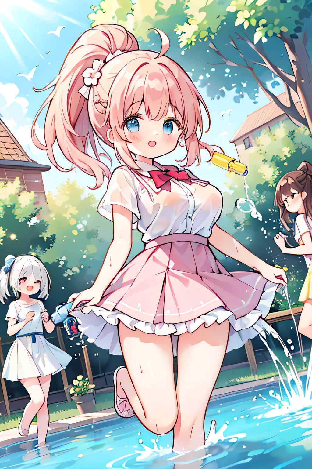Highest quality、High Resolution、(high image quality:1.4)、masterpiece、detailed background、highly detailed face、detailed eyes、age beauty、 huge breasts、Normal number of fingers、anatomically correct、perfect body line、Bright-colored hair、ponytail、 braided bob cut 、A sparkling summer scene、A park fountain where the summer sun shines、 big smile 、fun atmosphere、
(3 energetic girls holding water guns in their hands and smiling:1.5)、(My hair and clothes are all wet:1.4)、
(3 girls frolic innocently while bathing in the fountain water without worrying about their hair and clothes:1.5)、
Fight back while dodging with one hairdo、pop the water balloon and spread cold water over clothes、hide behind the fountain、everyone got soaked and laughed a lot due to a surprise attack from behind、pink dress and shorts、denim show pan、lavender-colored frill blouse and white skirt、cute
