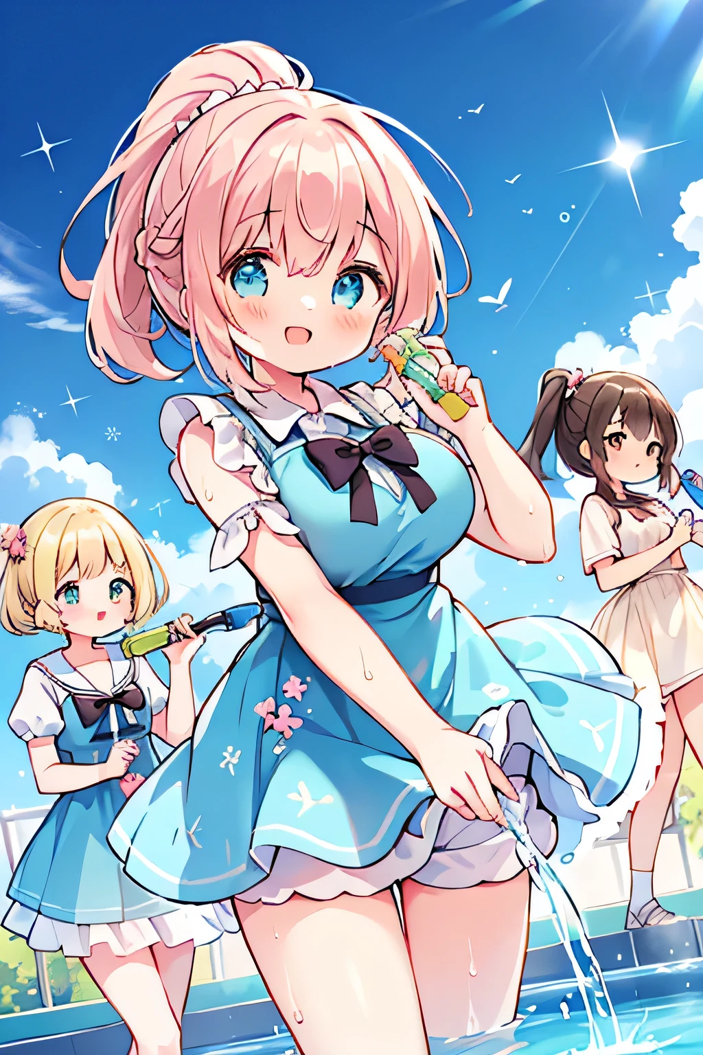 Highest quality、High Resolution、(high image quality:1.4)、masterpiece、detailed background、highly detailed face、detailed eyes、age beauty、 huge breasts、Normal number of fingers、anatomically correct、perfect body line、Bright-colored hair、ponytail、 braided bob cut 、A sparkling summer scene、A park fountain where the summer sun shines、 big smile 、fun atmosphere、
(3 energetic girls holding water guns in their hands and smiling:1.5)、(My hair and clothes are all wet:1.4)、
(3 girls frolic innocently while bathing in the fountain water without worrying about their hair and clothes:1.5)、
Fight back while dodging with one hairdo、pop the water balloon and spread cold water over clothes、hide behind the fountain、everyone got soaked and laughed a lot due to a surprise attack from behind、pink dress and shorts、denim show pan、lavender-colored frill blouse and white skirt、cute