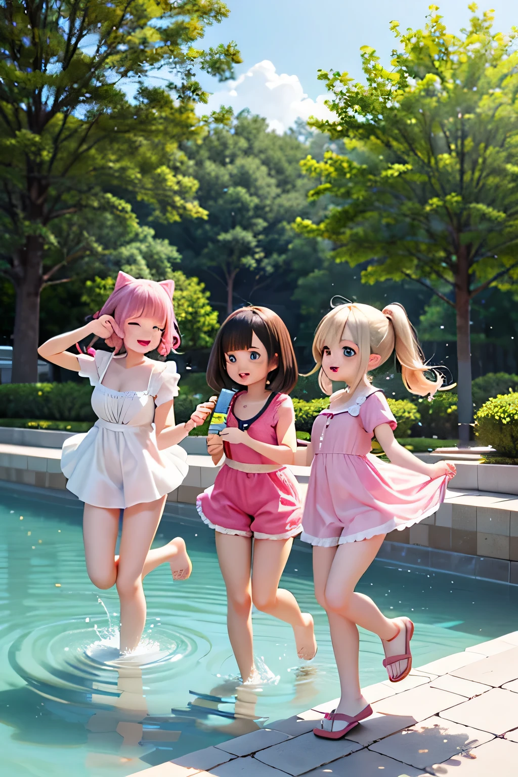 Indoor swimming pool on the 180th floor of the gate of Shanghai Tower,There were five little girls wearing openwork translucent stockings,Pouting and smiling,is shy,Pout,Pink, gold, White, Blue, Five colors, Two-tailed hair and cyan eyes,Anime little girl in servant costume