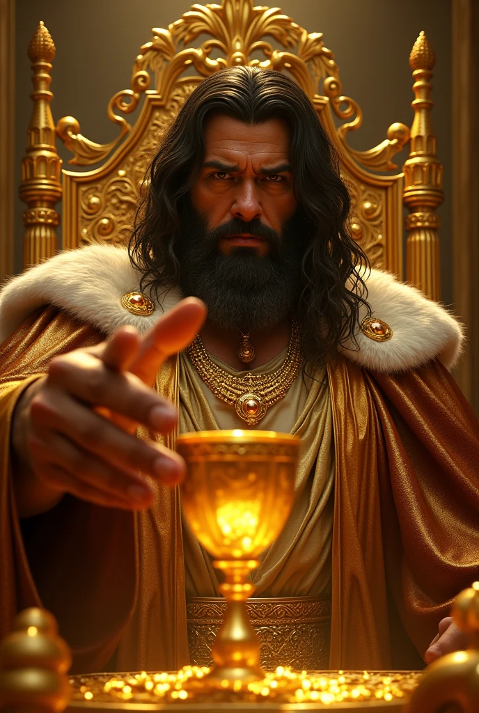 black haired greek king midas touching everything around him, tables, chairs, his throne and his goblet