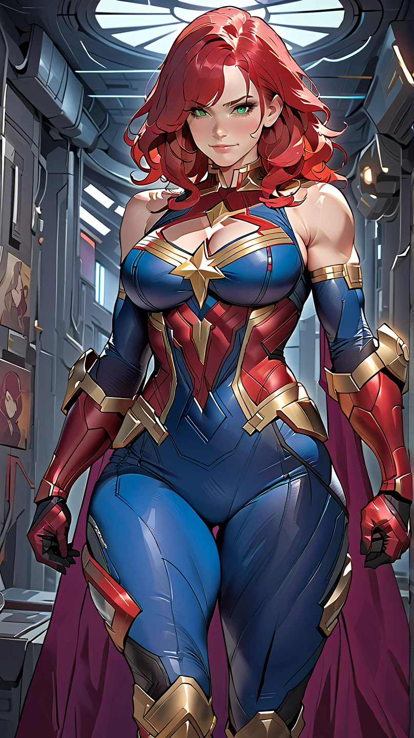 Pretty Caucasian (female), Sarah Shahi, a slim but muscular body, huge breasts, dark brown messy hair, blue eyes, ((bright red lipstick)), ((seductive smile)) ((big bright blue eyes looking towards the viewer)) ((short messy dark brown hair)) ((big breasts:1.6)) ((slender body:1.3)) (wearing captain marvel costume, [[[ultra micro miniskirt, very very very micro miniskirt exposing full lengthy thick thighs]]], )) ((in battle ground)) ((high definition:1.5), ((pale lights)) ((masterpiece:1.5))((8k:1.5)) ((Best quality:1.4)), detailed eyes, detailed hands, detailed fingers, (((detailed beautiful thighs))), large explosive cleavage, , standing spread legs, (( full body shot)) (((view from bottom, panties visible))),
