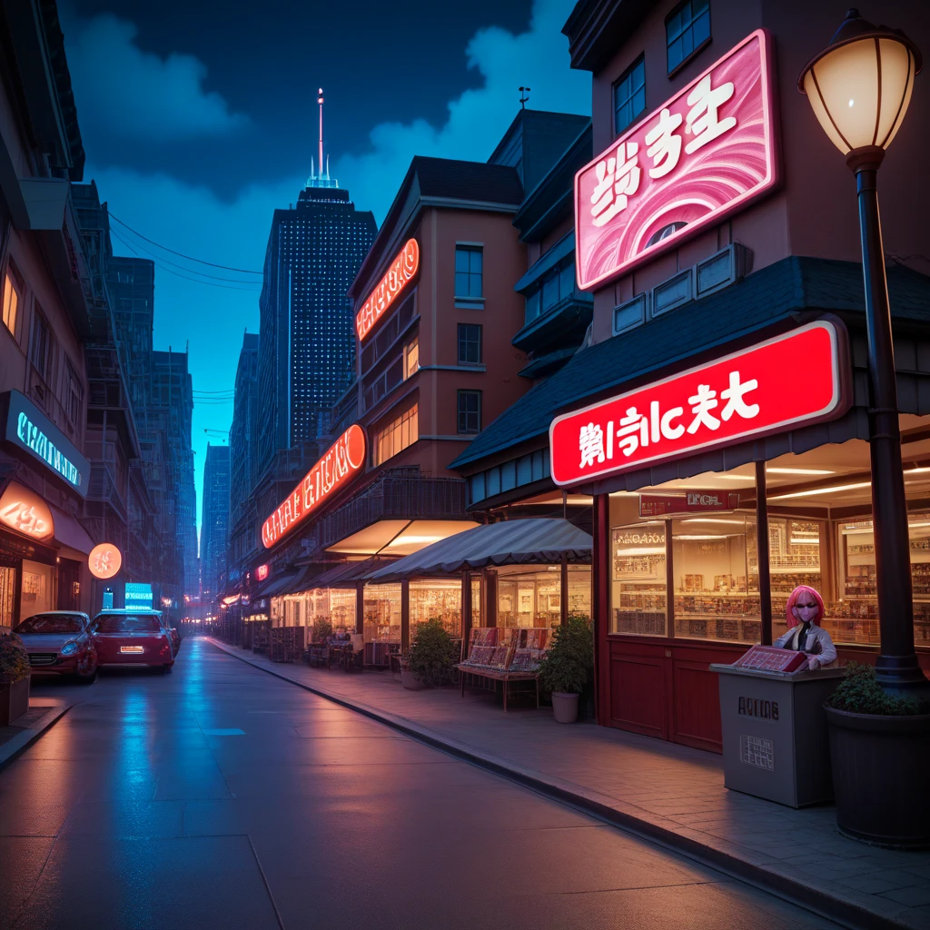 1girl, long pink hair, red horns, white collared shirt, black necktie, light smile, yellow eyes, corneo_power,, buildings,shops,town streets, dark sky, scenery,neon signs,night city, japanese lyrics,, , absurdres, detailed eyes, extremely detailed, volumetric lighting, realistic, realistic lighting, 8k, cinematic lighting, depth of field, perfect, hyper-detailed, photorealistic, ultra realistic, realistic light, hard lighting, intricate details, stop motion, tonemapping, sharp focus, hyper detailed,