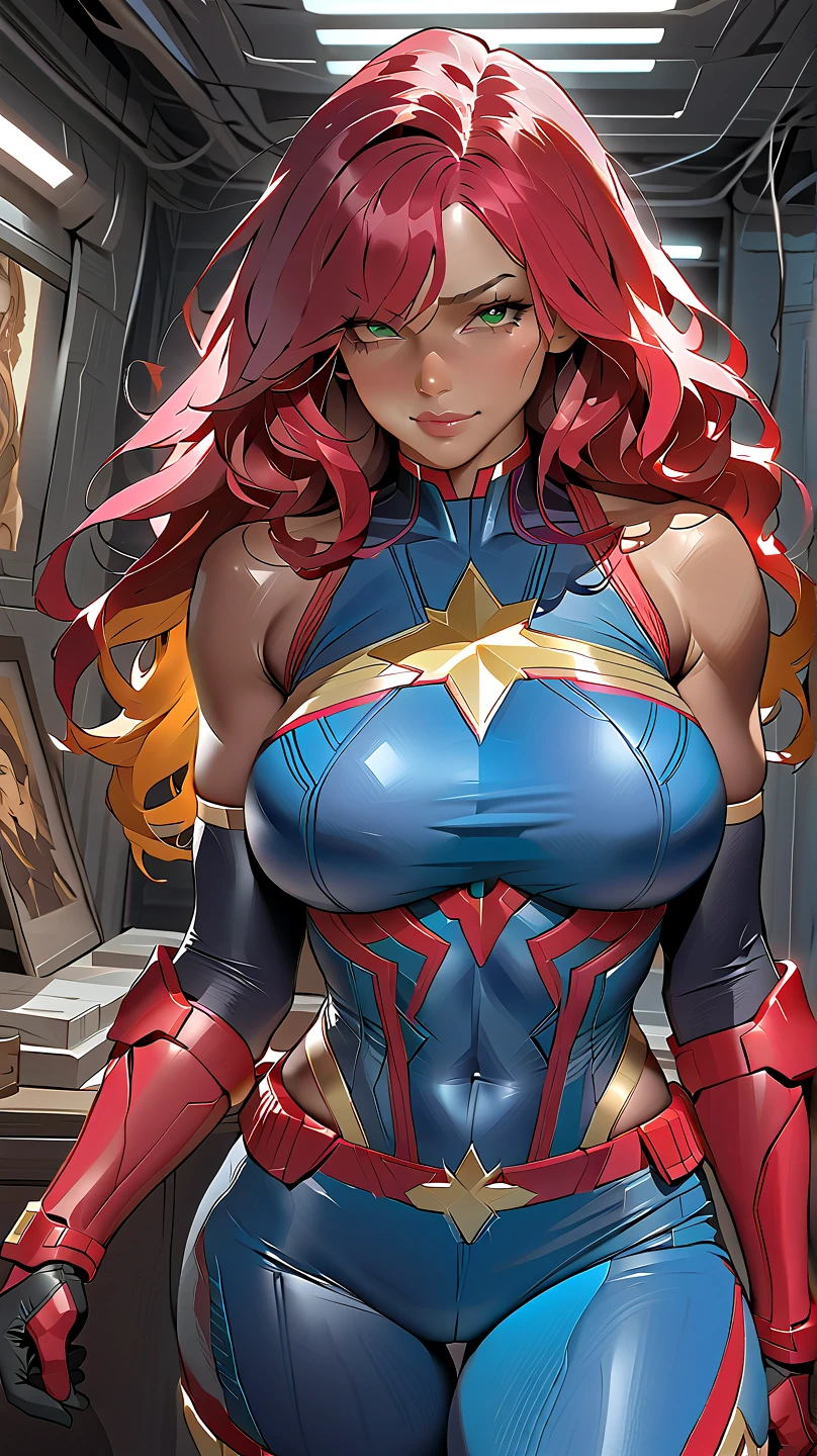 DeepNegative_xl_v1, masterpiece, Sexy, Superheroine, Red hair, long hair, busty, ((blue highleg leotard with a t-back thong and a gold star insignia on chest)), gold boots, gold gloves, ((Cleavage Cutout))