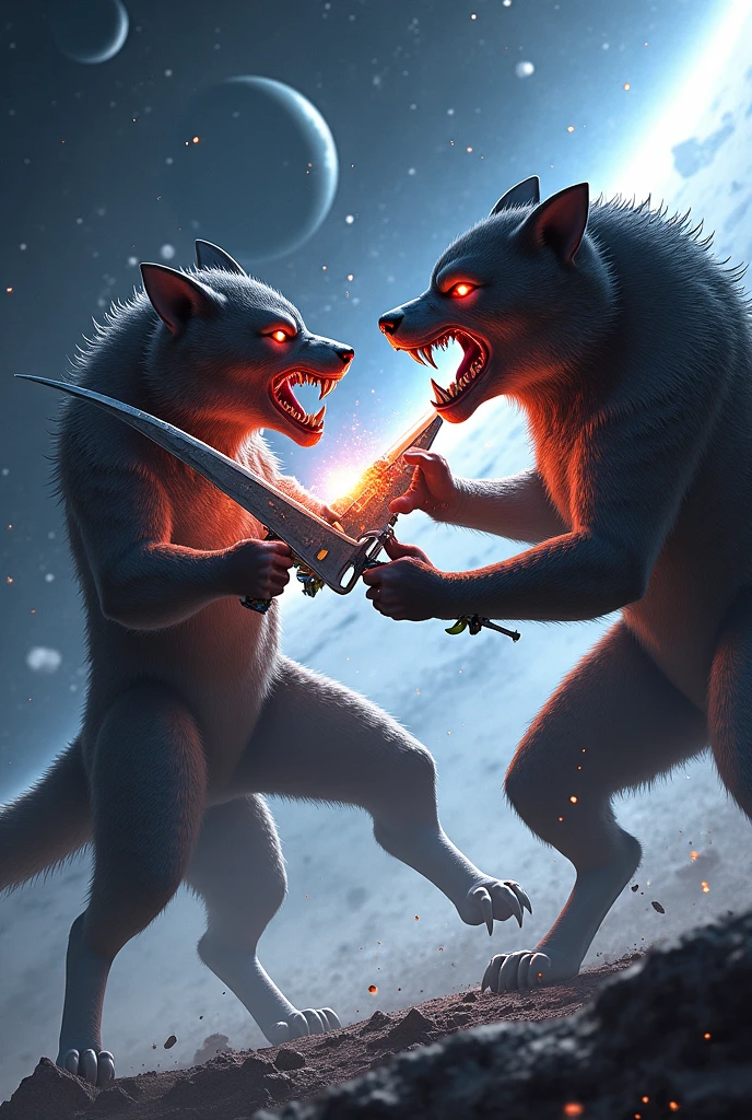Make a animal who fight for earth to another animal first one in hand a sward with orange flame and second one is free of hand with strong forarms and the sky is full of purple and some side with black storms