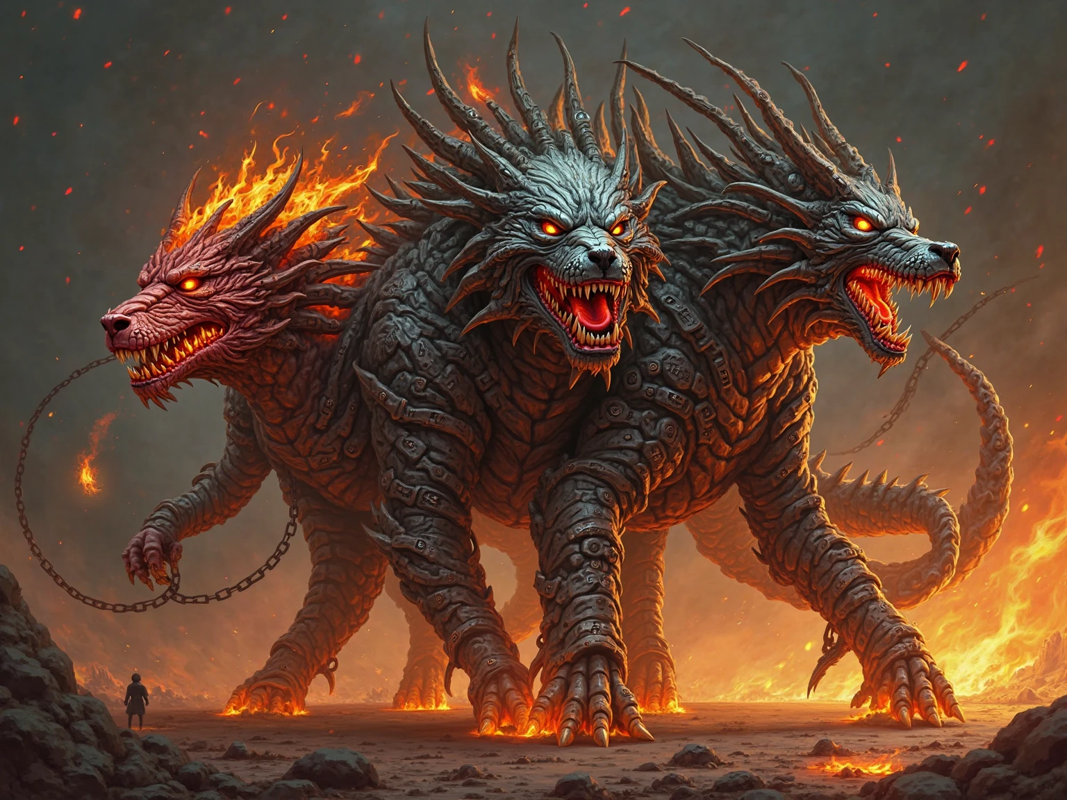 Creates an epic scene of a lone human standing defiantly against a giant dragon-like demon。悪魔teeth上空にそびえ立ち、The hall々Filling the sky with a vibrant presence。その鱗teeth周囲の地獄を捉えて反映する暗闇のタペストリーです。」Surrounding trees々teeth、It forms a dark silhouette against a night sky ablaze with golden blazes.、Swirls of smoke and fog add to the mystery of this conflict.、Creates tension and shock。An atmosphere that condenses the moment of expectation between humans and mythical beasts.。Japanese anime style。ドラゴンのような悪魔teeth左右に動き出す
