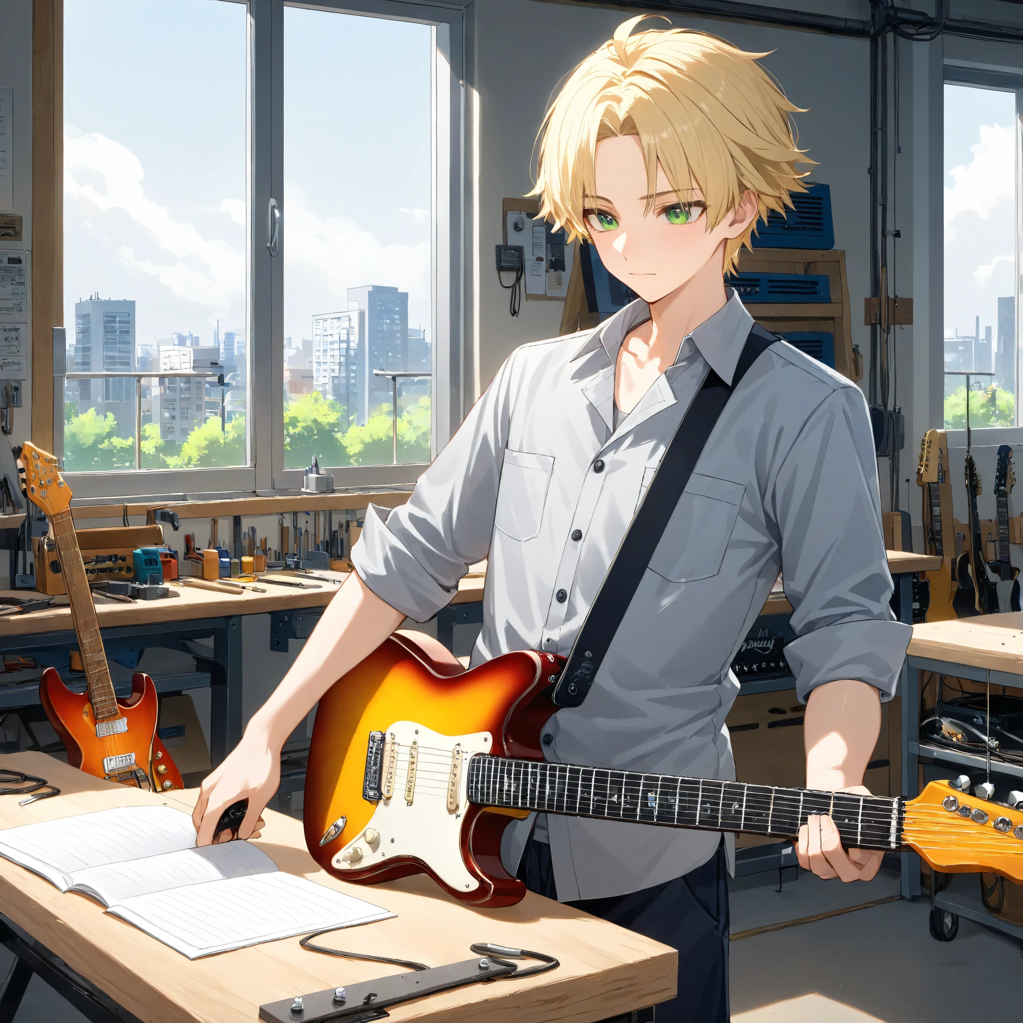 1boy, bust, cropped torso, curtained hair, blonde hair, parted bangs, green eyes, ager, work clothes, workshop, indoors, building a guitar, electric guitar on workbench,rolled up sleeves, work shirt, light grey shirt, vocational school, vocational shirt, young man,