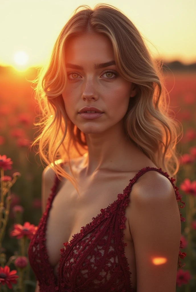 An ultra detailed, a young woman in a field, red dress, wearing flowers crown, ultrarealistic sweet, hyper realistic, realism, digital art, solar, sunlight, sunlit, cinematic, perfect contrast, high sharpness, depth of field, ultra detailed photography, global illumination, smooth, ultra high definition, 8k, ultra sharp focus, award winning photograph, big breasts, purple and white flowers field