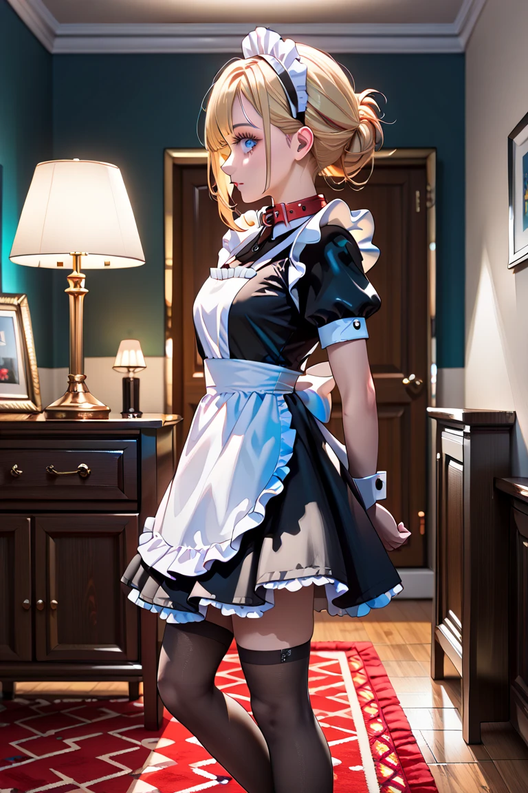 (masterpiece, best quality), 1girl, Ash Blonde Curly Mohawk Updo with Glitter Roots, medium breasts, <lora:Black_Maid_By_Stable_Yogi:0.8> maid dress, long sleeves, black leggings, black boots, lace trim, maid headdress
