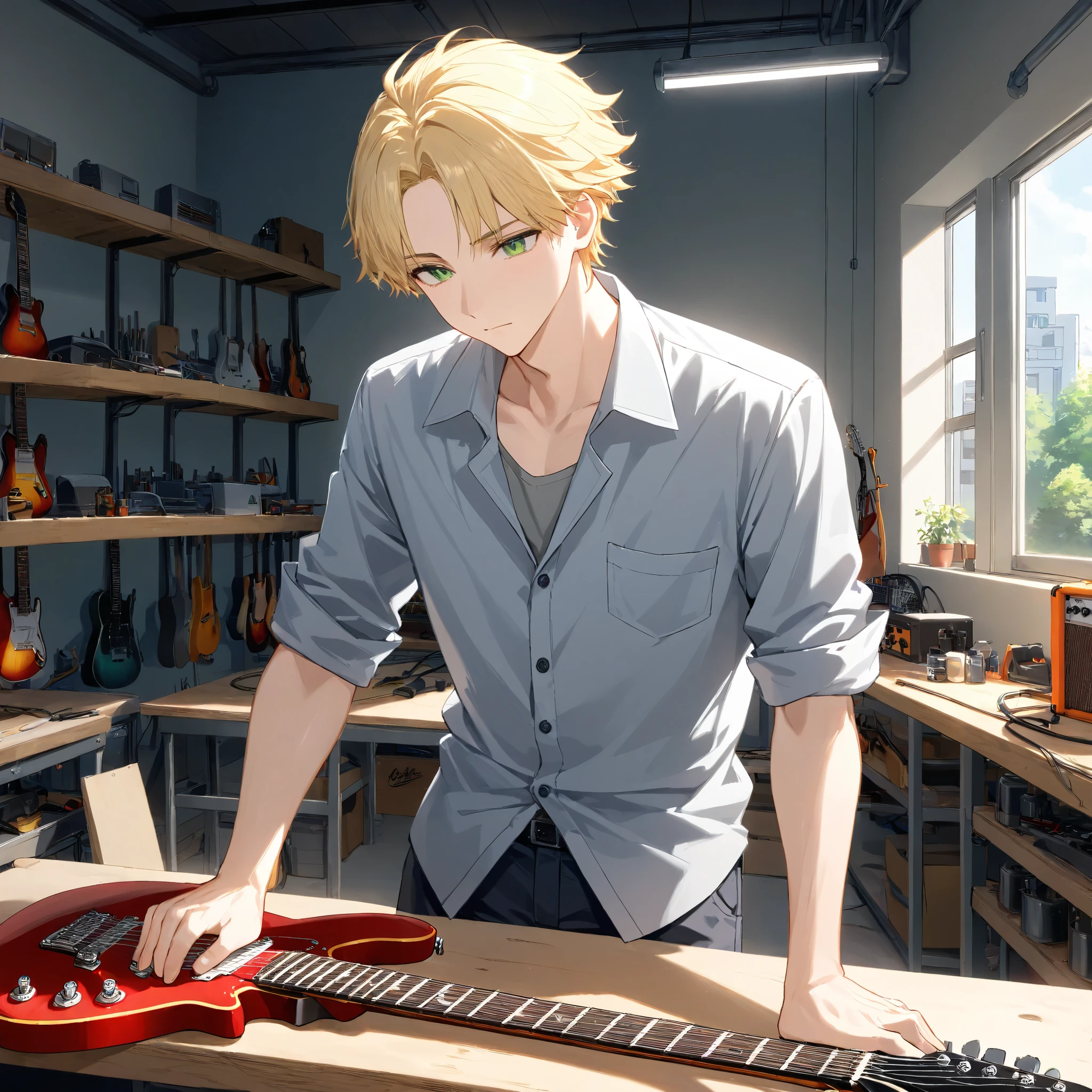 1boy, bust, cropped torso, curtained hair, blonde hair, parted bangs, green eyes, ager, work clothes, workshop, indoors, building a guitar, electric guitar on workbench,rolled up sleeves, work shirt, light grey shirt, vocational school, vocational shirt, (young man, adult male: 1.1),