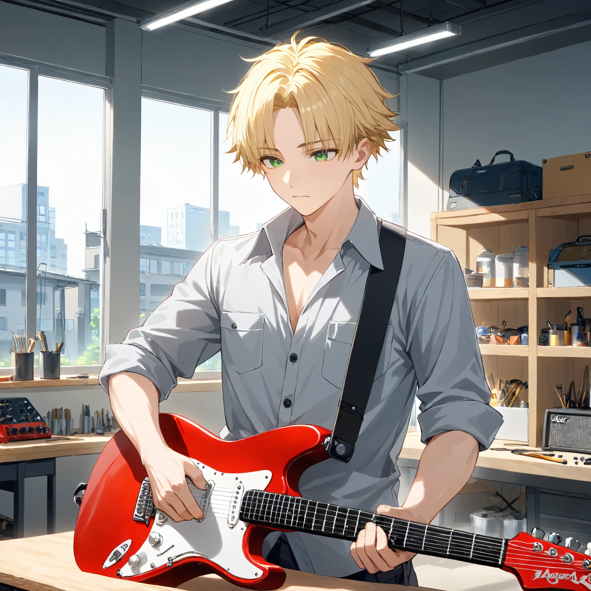 1boy, bust, cropped torso, curtained hair, blonde hair, parted bangs, green eyes, ager, work clothes, workshop, indoors, building a guitar, electric guitar on workbench,rolled up sleeves, work shirt, light grey shirt, vocational school, vocational shirt, (young man, adult male: 1.1),