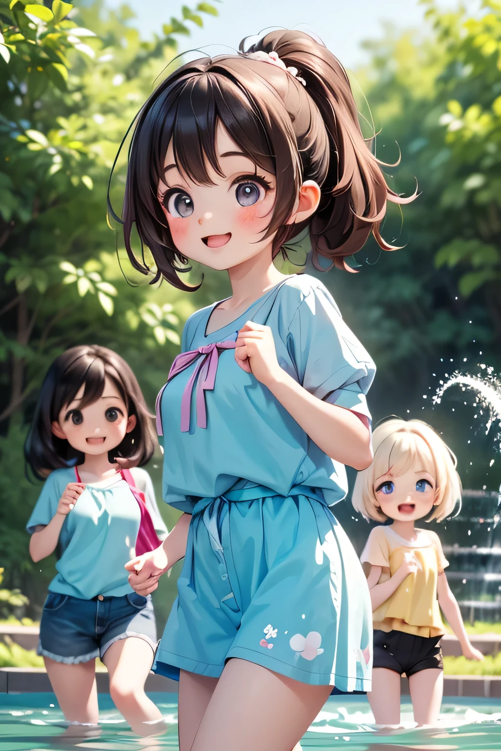 Highest quality、High Resolution、(high image quality:1.4)、masterpiece、detailed background、highly detailed face、detailed eyes、age beauty、 huge breasts、Normal number of fingers、anatomically correct、perfect body line、Bright-colored hair、ponytail、 braided bob cut 、A sparkling summer scene、A park fountain where the summer sun shines、 big smile 、fun atmosphere、
(3 energetic girls holding water guns in their hands and smiling:1.5)、(My hair and clothes are all wet:1.4)、
(3 girls frolic innocently while bathing in the fountain water without worrying about their hair and clothes:1.5)、
Fight back while dodging with one hairdo、pop the water balloon and spread cold water over clothes、hide behind the fountain、everyone got soaked and laughed a lot due to a surprise attack from behind、pink dress and shorts、denim show pan、lavender-colored frill blouse and white skirt、cute