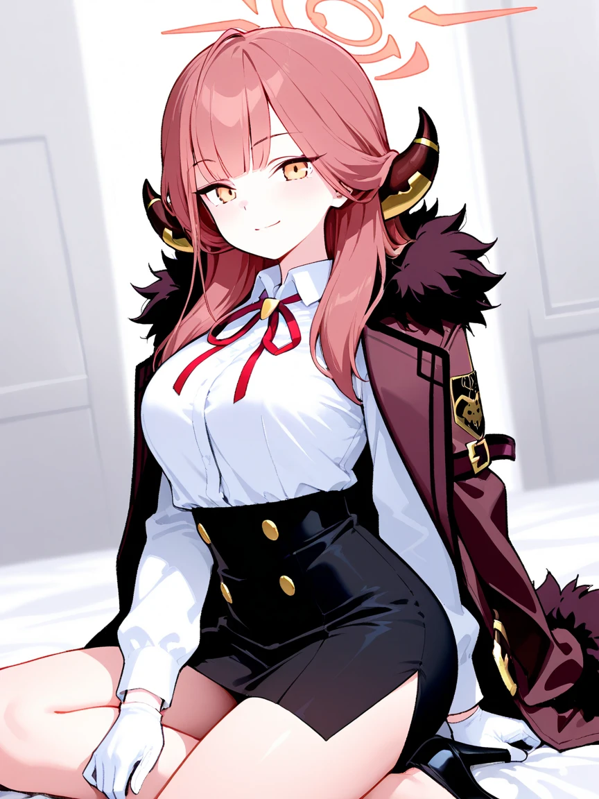 score_9, score_8_up, source_anime, rating_safe, 1girl, aru_\(blue_archive\), solo, closed mouth, blush, crossed arms, V-shaped eyebrows, standing, long hair, straight hair, pink hair, flipped hair, parted bangs, horns, orange eyes, hair over shoulder, frown, scowl, halo, glowing,head tilt, sweatdrop, black skirt, breast pocket, breasts, buckle, button gap, buttons, coat, coat on shoulders, collared shirt, double-breasted, dress shirt, emblem, , fur-trimmed coat, fur collar, fur trim, high-waist skirt, large breasts, legs together, long coat,long sleeves, miniskirt, open clothes, open coat, pencil skirt, pocket, red coat, red ribbon, ribbon, shirt, shirt tucked in, side slit, sidelocks, skirt, taut clothes, taut shirt, thick thighs, thighs, white shirt, wing collar, cowboy shot, from side, looking at viewer, indoors, offices, desks, chairs, scenery,
