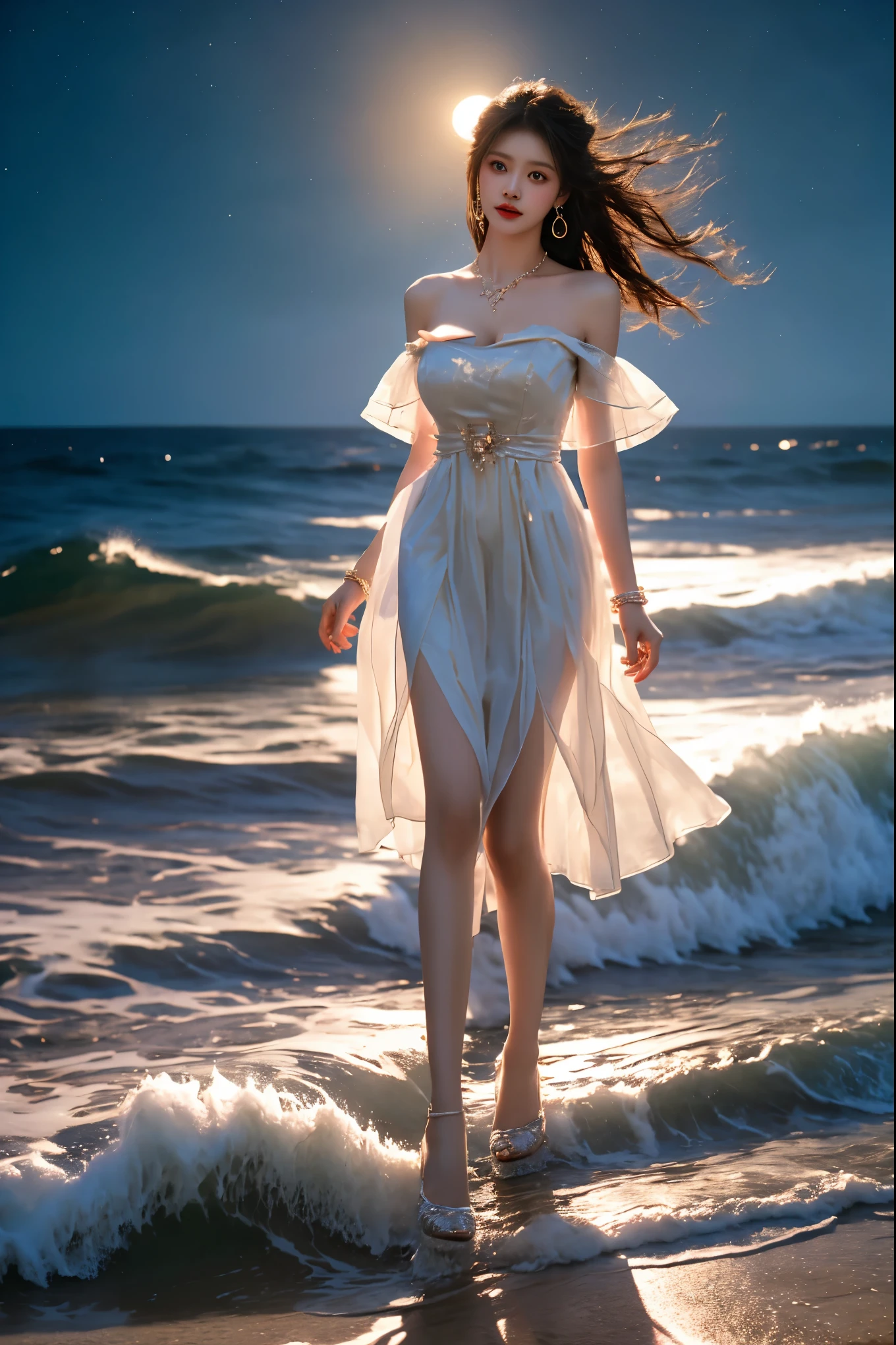 guqinghan, jrys,high heels,bare shoulders, see-through, jewelry,strapless, collarbone, bracelet, off shoulder,earrings, bow,cleavage, tube dress, strapless dress ,(knee shot:1.3), photorealistic beautiful woman, sexy long-legged model, (Full bust, visible cleavage, very short hemline), walking at the edge of the beach and the surf, water up to her knees, waves crashing on her body, night, soft moonlight, dramatic lighting, chiaroscuro, flowing dress, serene expression, starry sky, calm ocean, rocky coastline, full shot, dynamic pose, cinemati