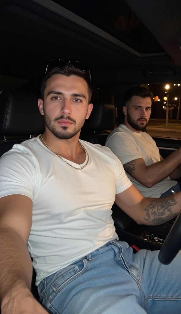 Add a very thin shirtless effeminate gay man, groping and taking advantage of the other man, hugged, kissing.