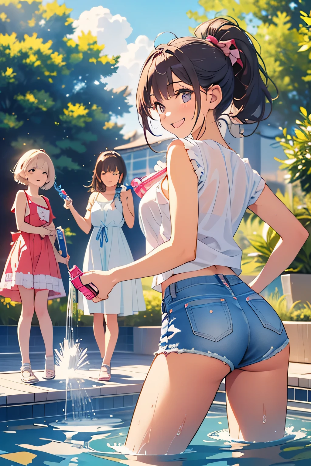 Highest quality、High Resolution、(high image quality:1.4)、masterpiece、detailed background、highly detailed face、detailed eyes、age beauty、 huge breasts、Normal number of fingers、anatomically correct、perfect body line、Bright-colored hair、ponytail、 braided bob cut 、A sparkling summer scene、A park fountain where the summer sun shines、 big smile 、fun atmosphere、
(3 energetic girls holding water guns in their hands and smiling:1.5)、(My hair and clothes are all wet:1.4)、
(3 girls frolic innocently while bathing in the fountain water without worrying about their hair and clothes:1.5)、
Fight back while dodging with one hairdo、pop the water balloon and spread cold water over clothes、hide behind the fountain、everyone got soaked and laughed a lot due to a surprise attack from behind、pink dress and shorts、denim show pan、lavender-colored frill blouse and white skirt、cute