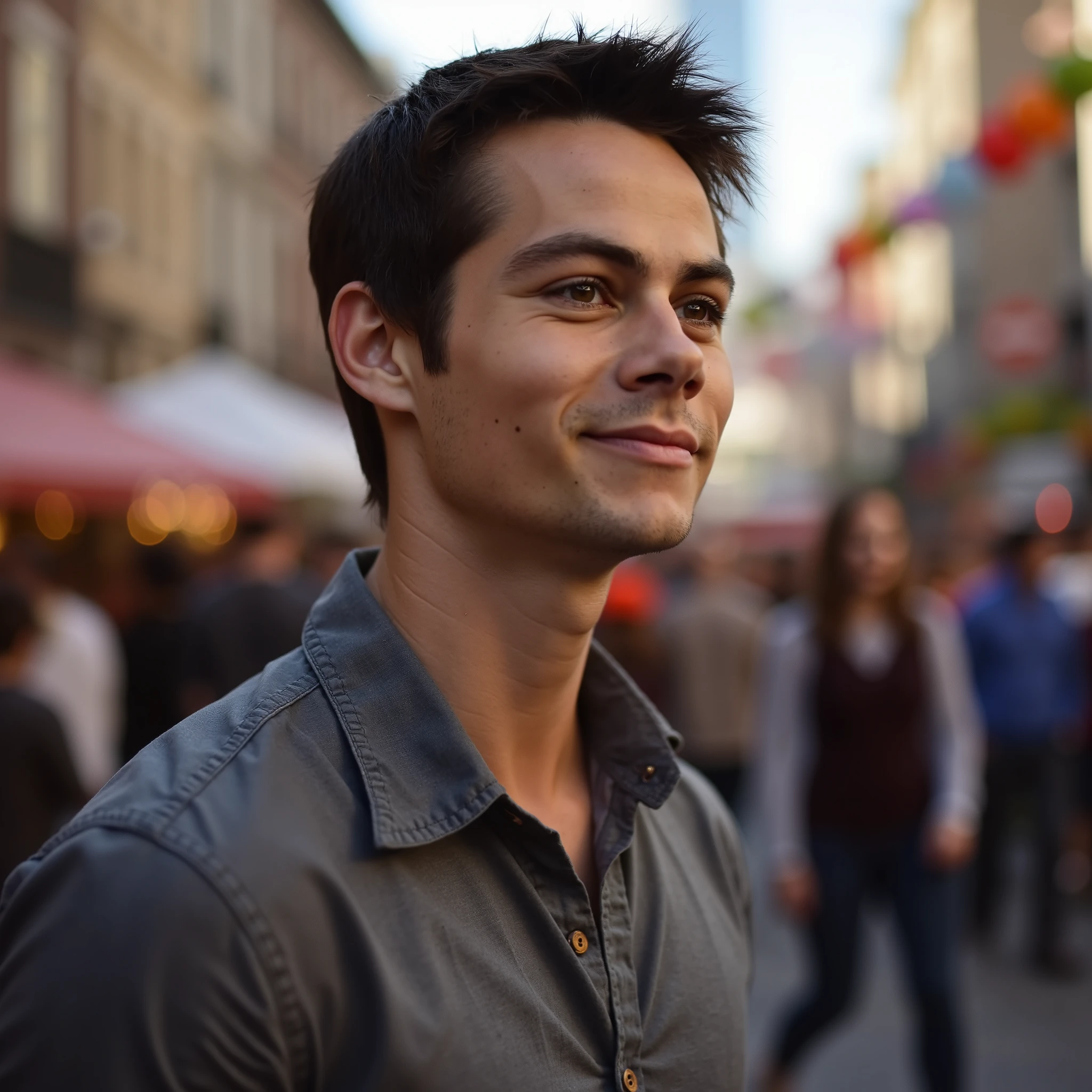 He is a young and handsome man ((dylan o'brien)), I'm 23 years old, a dark brown tone, perfect and shiny brown eyes , with a discreet smile, light casual clothes, street carnival background, with blurry people, Looking to the side admiring someone.