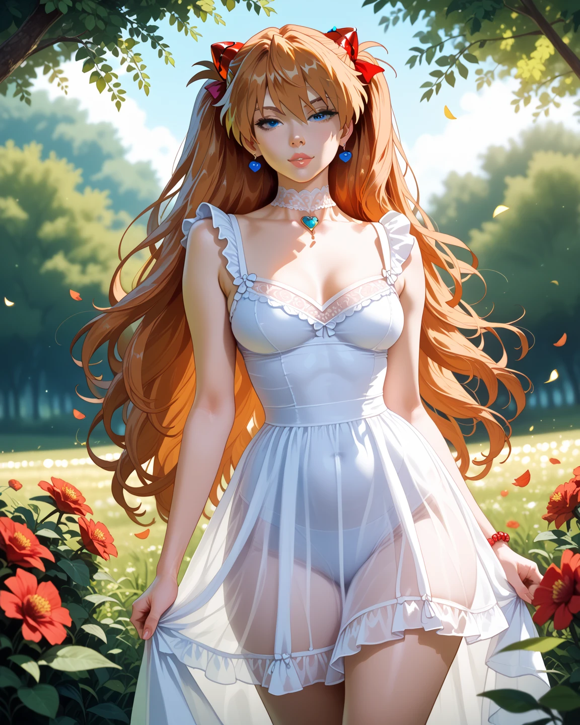 best quality,4k,8k,highres,masterpiece:1.2),ultra-detailed,realistic,beautiful redhead girl with fair skin,gorgeous green eyes,long flowing red hair,rosy cheeks,porcelain complexion,lovely freckles,captivating smile,elegant posture,standing in a blooming garden,shaded by tall trees and vibrant flowers,bathed in soft sunlight,with a gentle breeze caressing her hair and dress,dressed in a flowing white summer dress,adorned with delicate floral patterns,she holds a bouquet of colorful flowers in her hands,her eyes shining with joy and wonder,as she admires the beauty of nature around her,impeccable attention to detail in her features and expressions,highly realistic and lifelike rendering,exquisite textures and rich colors,painting-like qualities with fine brushstrokes and soft transitions,portraits,soft and warm color palette,subtle yet warm lighting,bringing out the girl's natural beauty and radiance