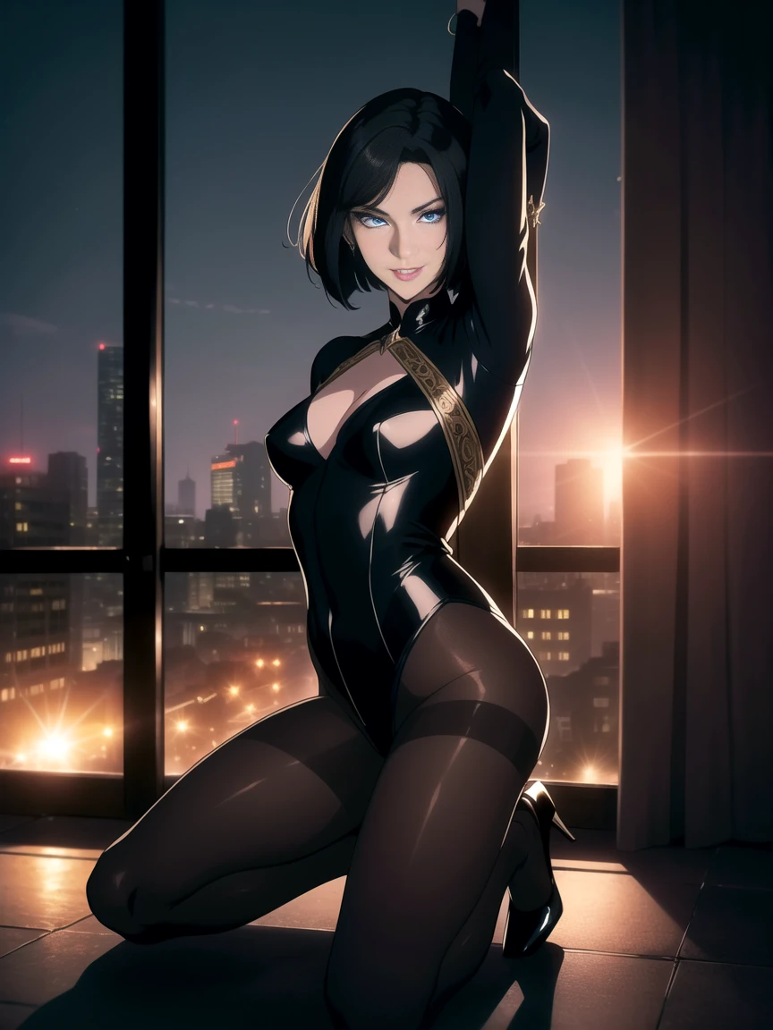 professional photograph shot on Canon EOS R6, moody lighting, 80mm, 1girl, blue hair, [very short hair|very long braids], [big blue eyes], edgy, [ yellow cyberpunk bodysuit| red jacket| asymmetric black dress], underboob, scenery, standing in front of a glass wall inside a high building with a nice coty view at night, neon, futuristic, platform heels, very sexy pose, By art germ, onlyfans,