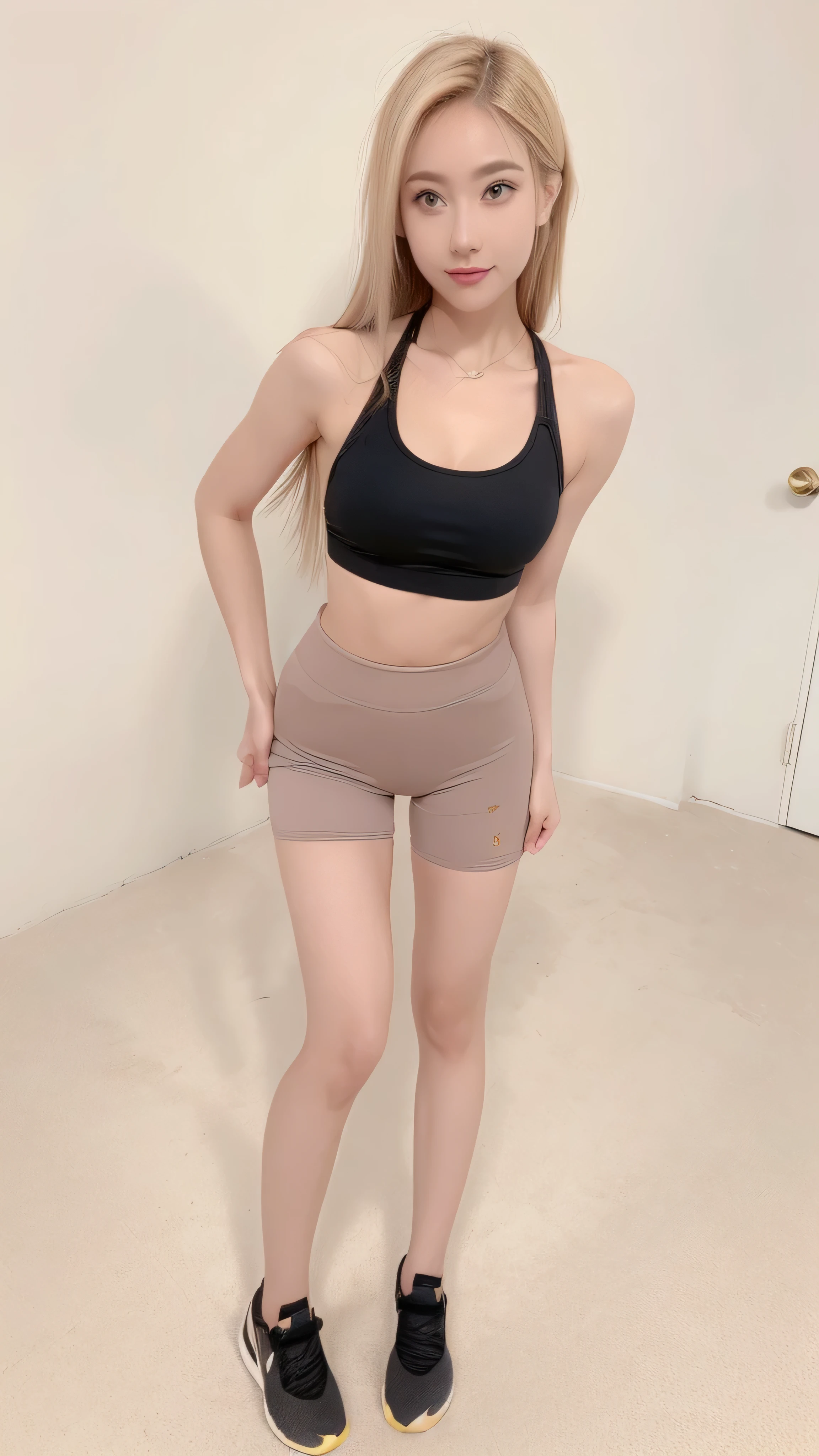 (alone), (Detailed full body RAW photo of girl), (masterpiece:1.0), (best quality:1.4), (super fast:1.2), (realistic:1.4), 8K resolution, Canon EOS R5, 50mm, absurd, very detailed, (18 years old), sharp focus, cinematic lighting, detailed beautiful face, (assembly:1.2), (Ulzzang-6500-v1.1), shame, Detailed skin texture, pale skin, flat chest, (slim and strong body:1.3), thigh gap, detailed brown hair, (very messy hair:1.5), (avril lavigne:0.7), smiling, (be good at sports, sports leggings:1.4), Realistic glowing skin, (bedroom:1), (camel toe:1.3), (sweating:1.45), slim waist, a charming smile, alone