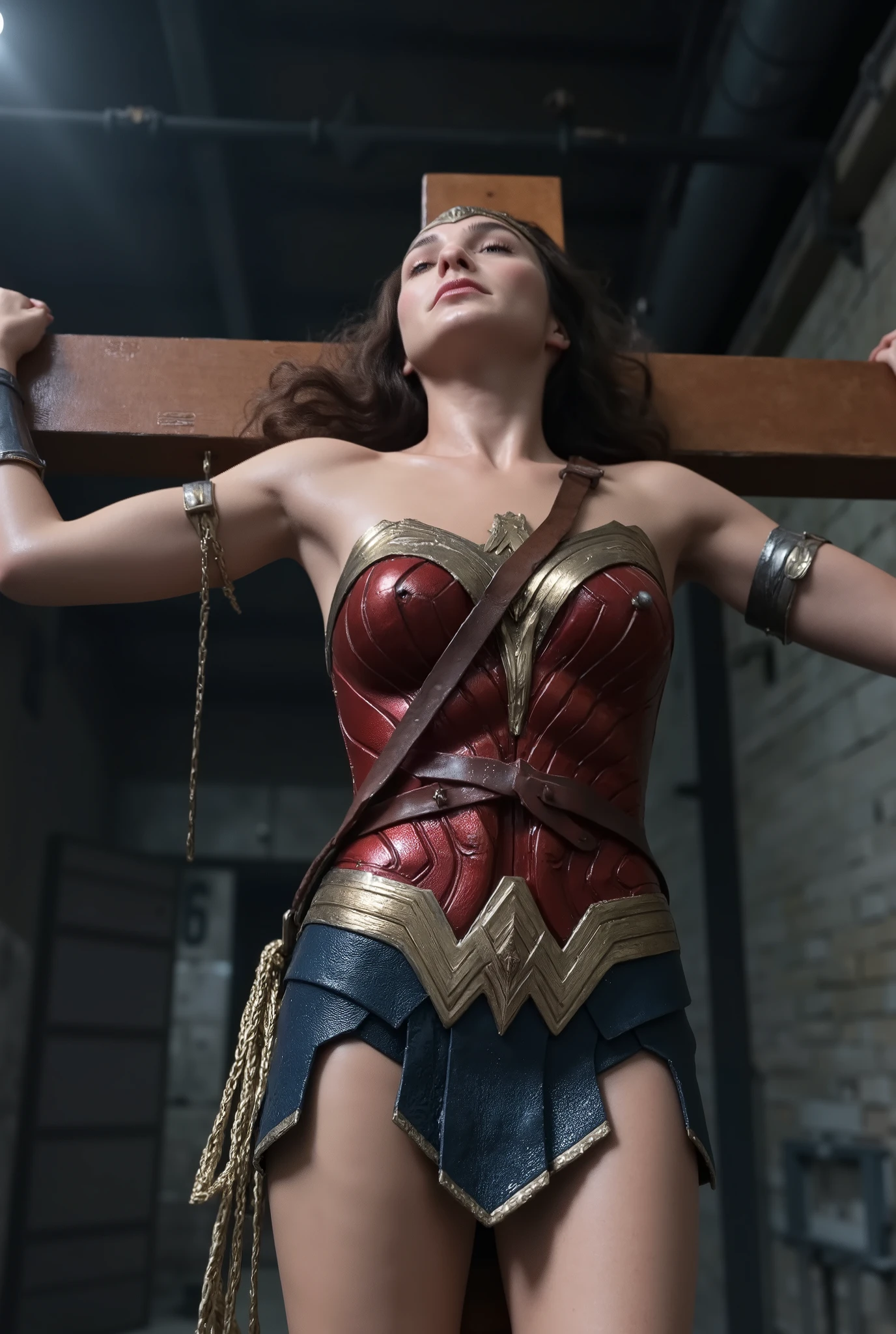 Gal Gadot is Wonder woman, a Wonder woman is crucifixion on the cross, very bright white skin, brown hair, unconscious, eyes close, never smile, bound arms to the cross by chain, a lot of chains bound tighten on her arms, painful face, Excruciating pain face, white cum on her skirt, photorealistic, hyper realistic, whole body visible, in the night, in the underground prison,